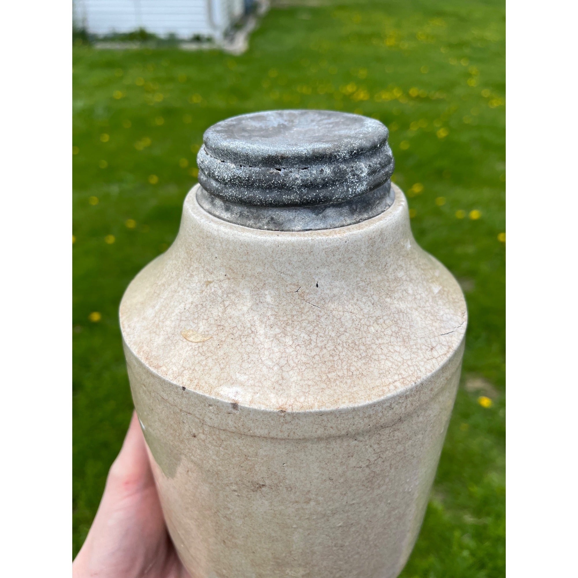 Antique c1890s Macomb Pottery Stoneware Fruit Canning Jar w/ Zinc Lid Kitchen Farmhouse