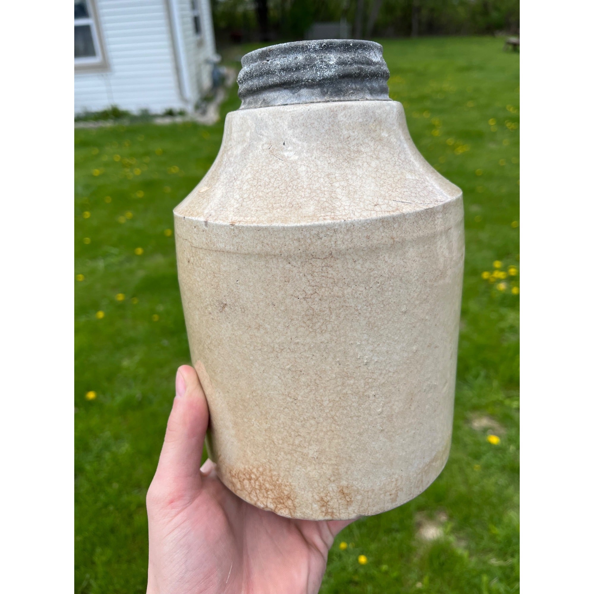 Antique c1890s Macomb Pottery Stoneware Fruit Canning Jar w/ Zinc Lid Kitchen Farmhouse