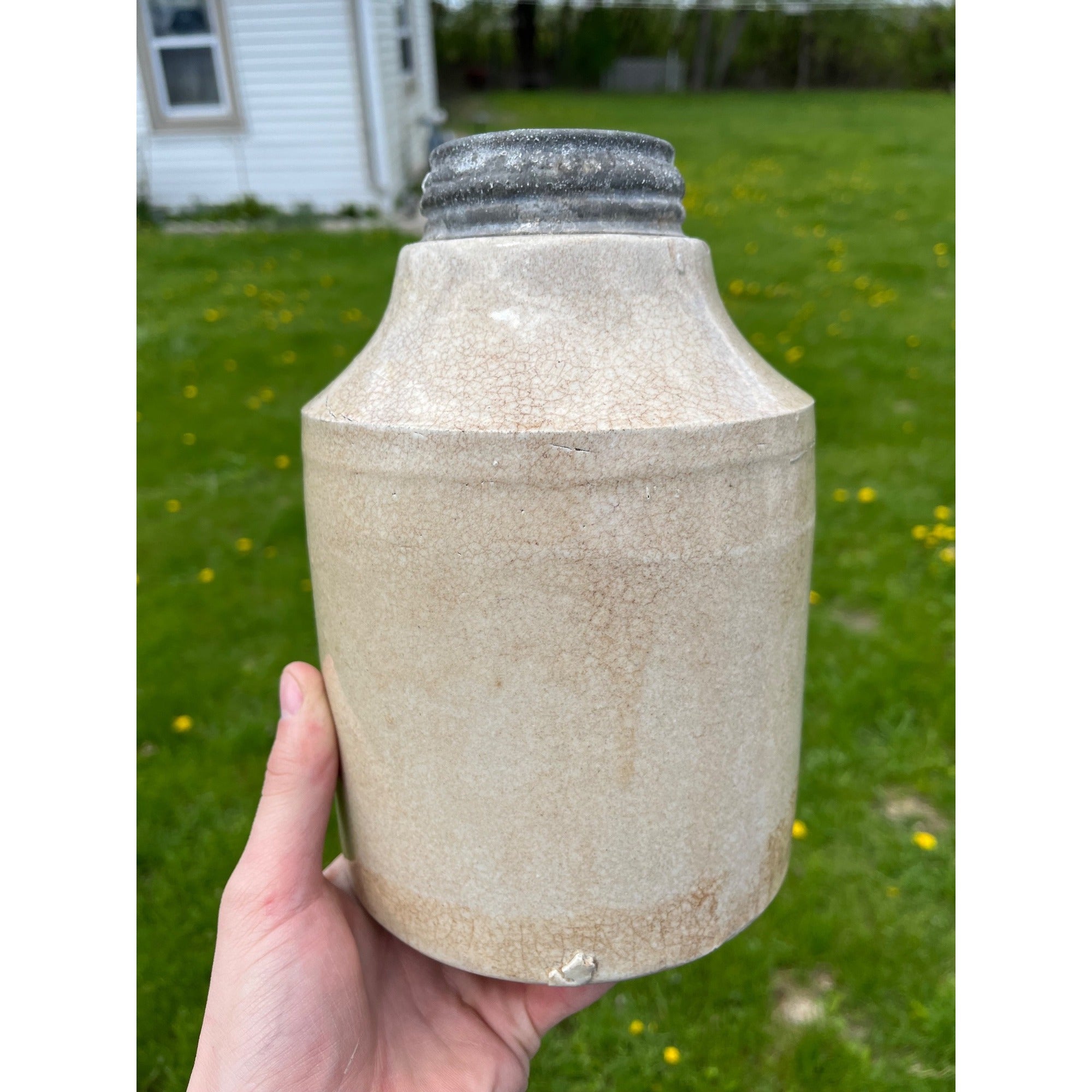 Antique c1890s Macomb Pottery Stoneware Fruit Canning Jar w/ Zinc Lid Kitchen Farmhouse