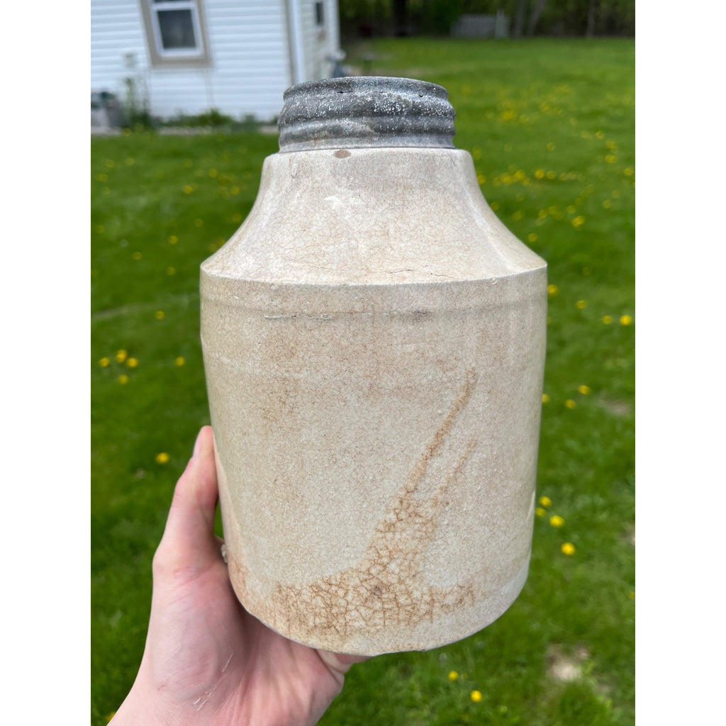 Antique c1890s Macomb Pottery Stoneware Fruit Canning Jar w/ Zinc Lid Kitchen Farmhouse