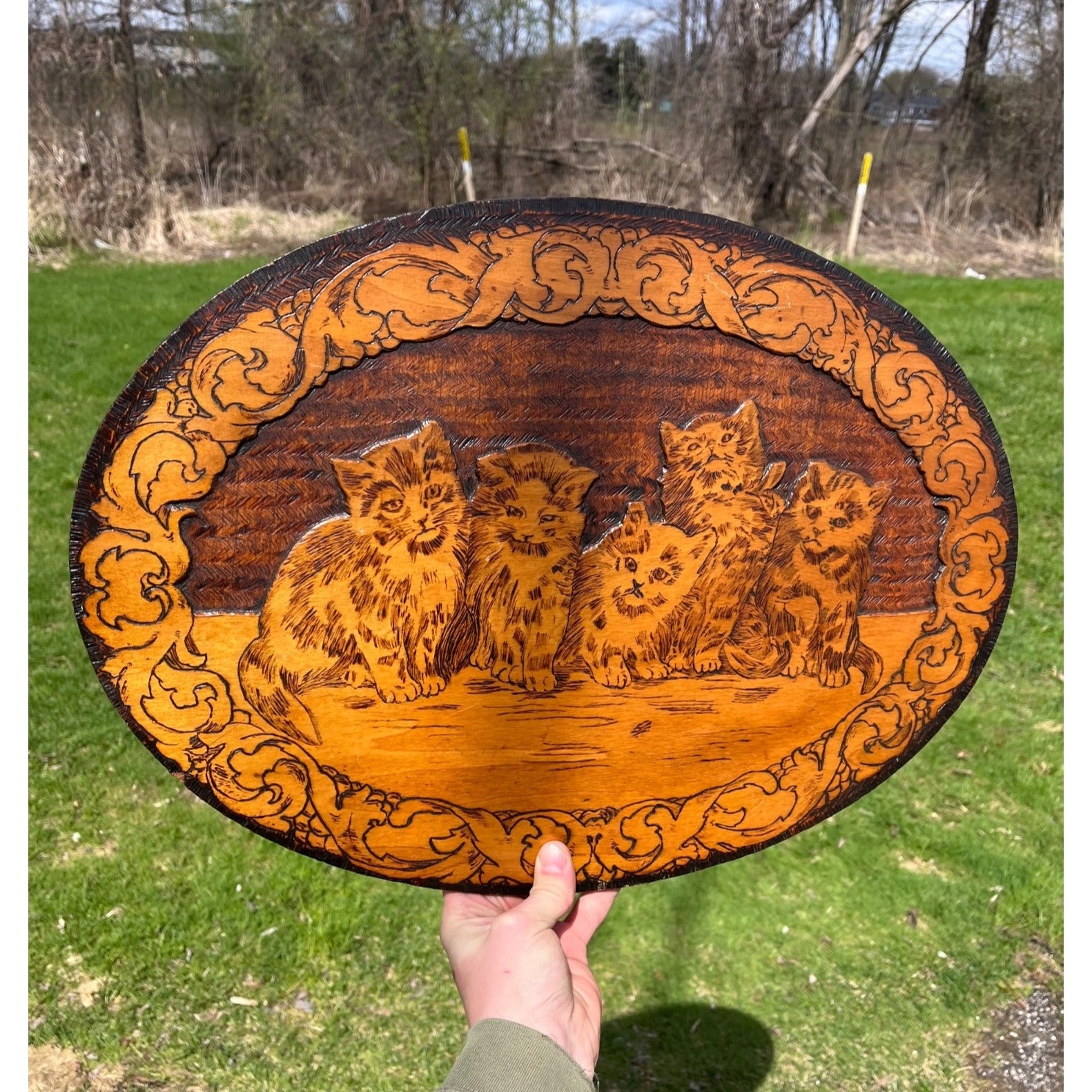 Antique Cats Kittens Flemish Art Pyrography Plaque Wall Hanging Sign