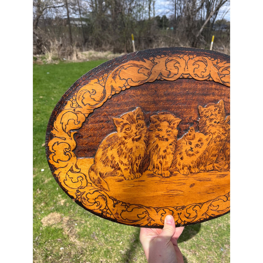 Antique Cats Kittens Flemish Art Pyrography Plaque Wall Hanging Sign
