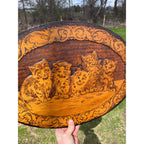 Antique Cats Kittens Flemish Art Pyrography Plaque Wall Hanging Sign
