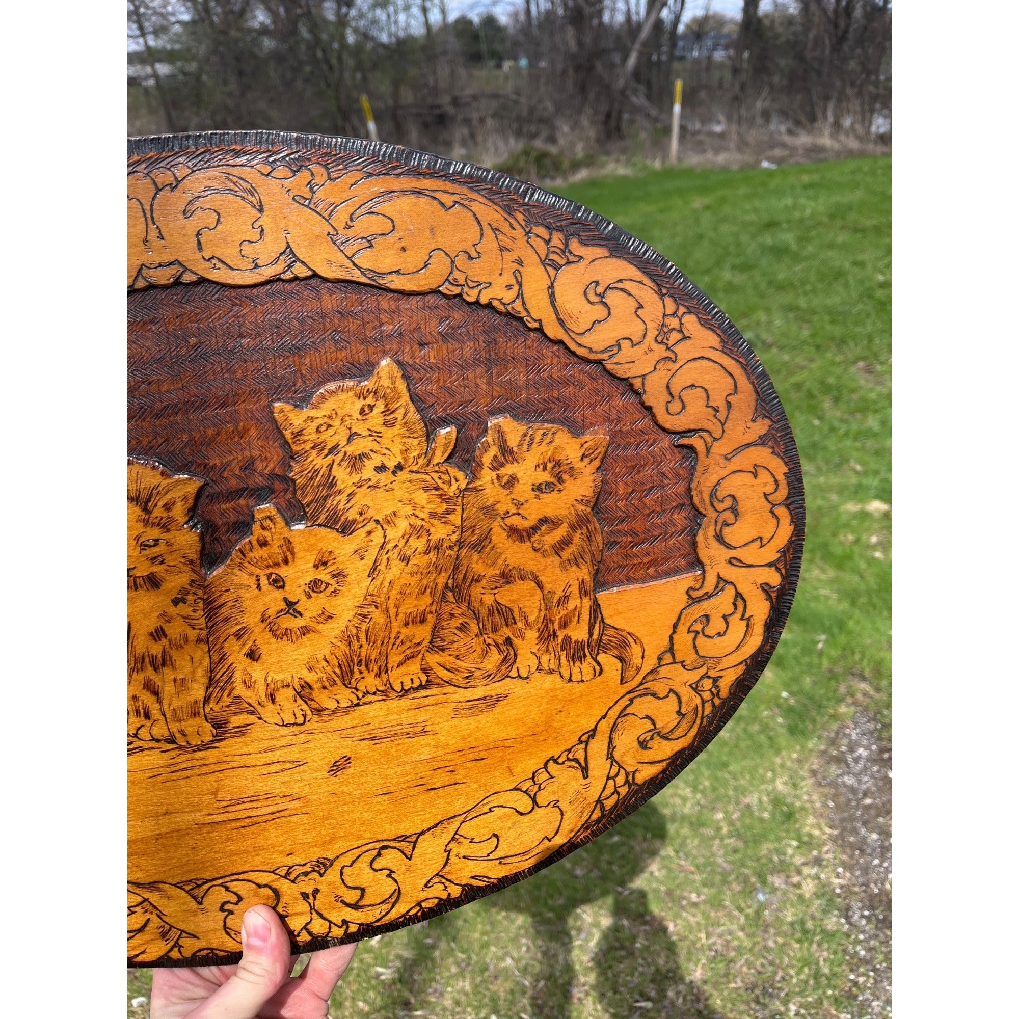 Antique Cats Kittens Flemish Art Pyrography Plaque Wall Hanging Sign
