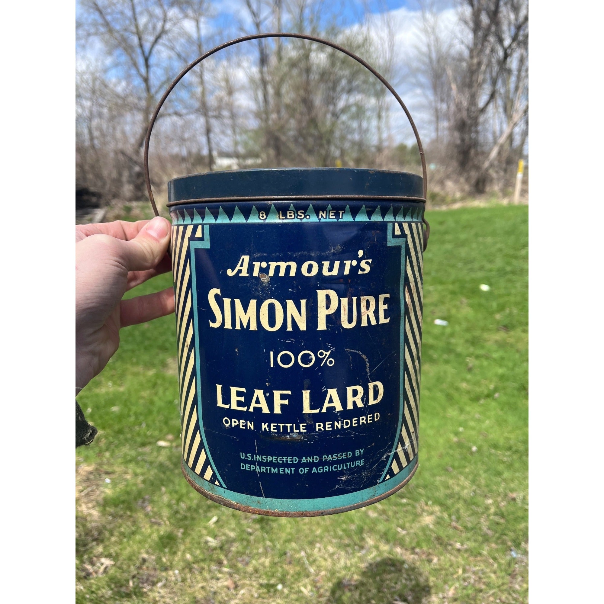 Vintage Armour's Simon Pure Open Kettle Leaf Lard 8lb Advertising Pail Tin Can