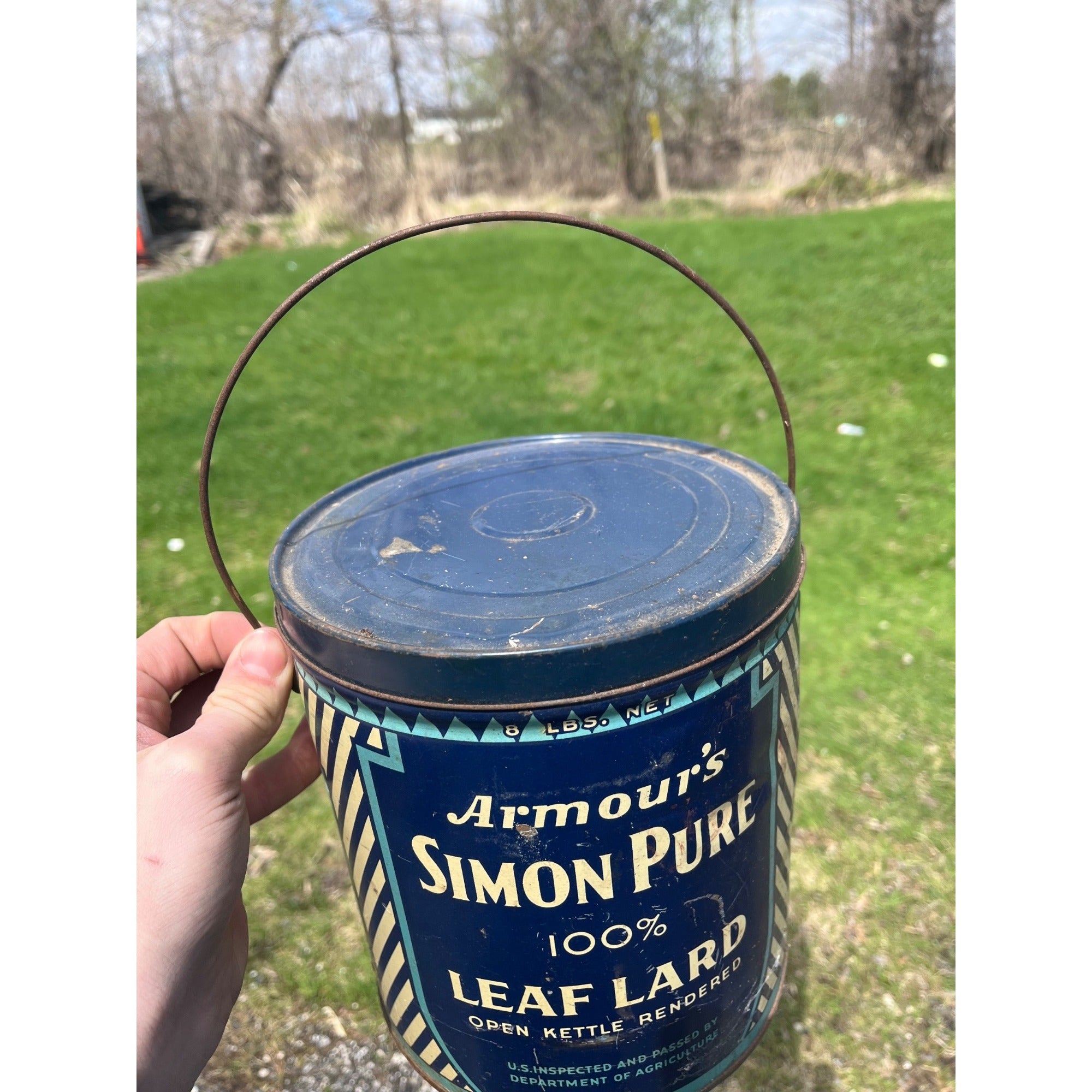 Vintage Armour's Simon Pure Open Kettle Leaf Lard 8lb Advertising Pail Tin Can