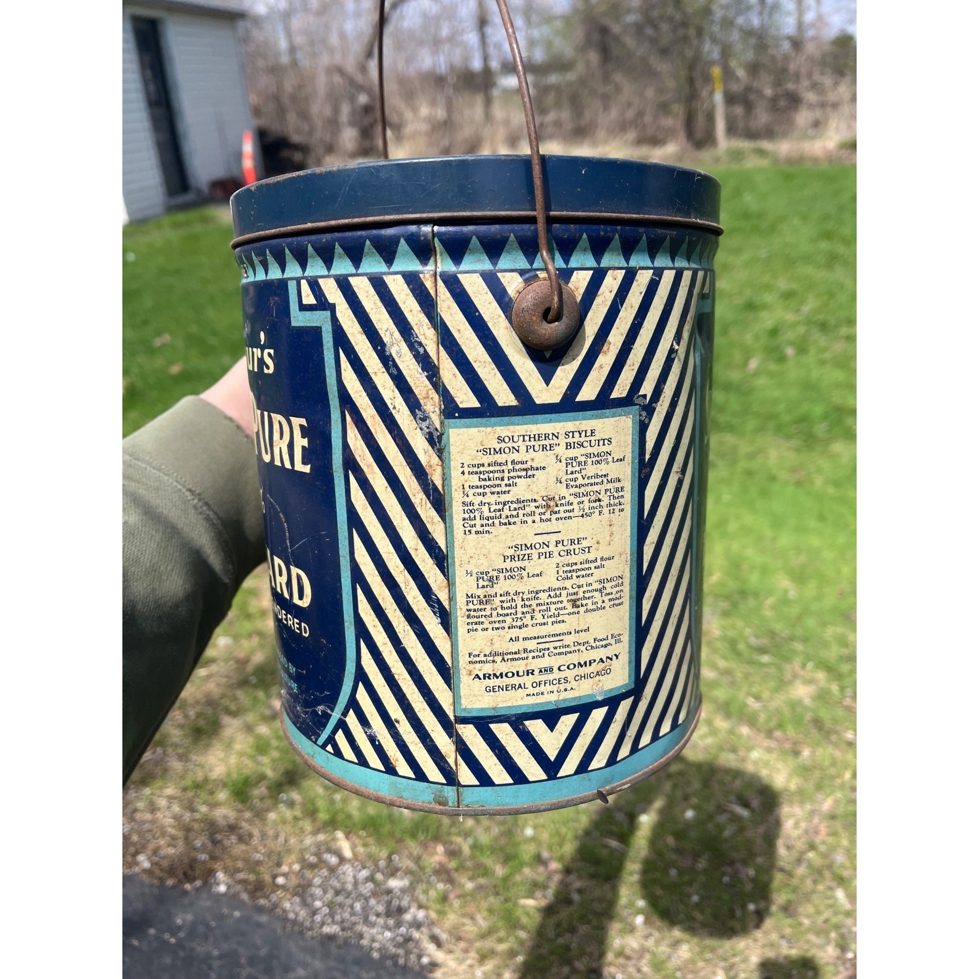 Vintage Armour's Simon Pure Open Kettle Leaf Lard 8lb Advertising Pail Tin Can