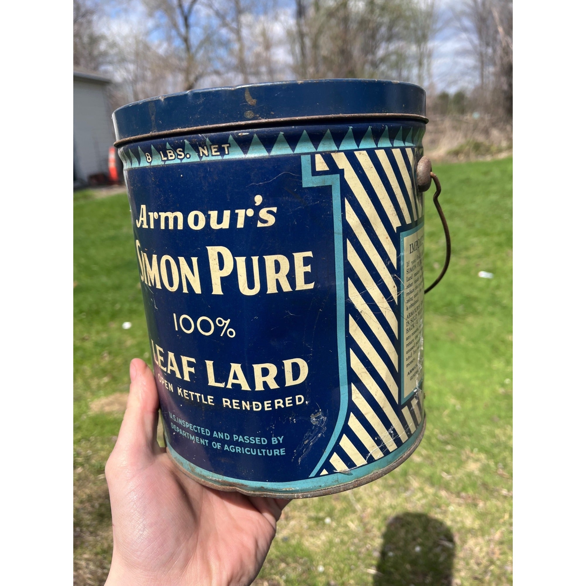 Vintage Armour's Simon Pure Open Kettle Leaf Lard 8lb Advertising Pail Tin Can
