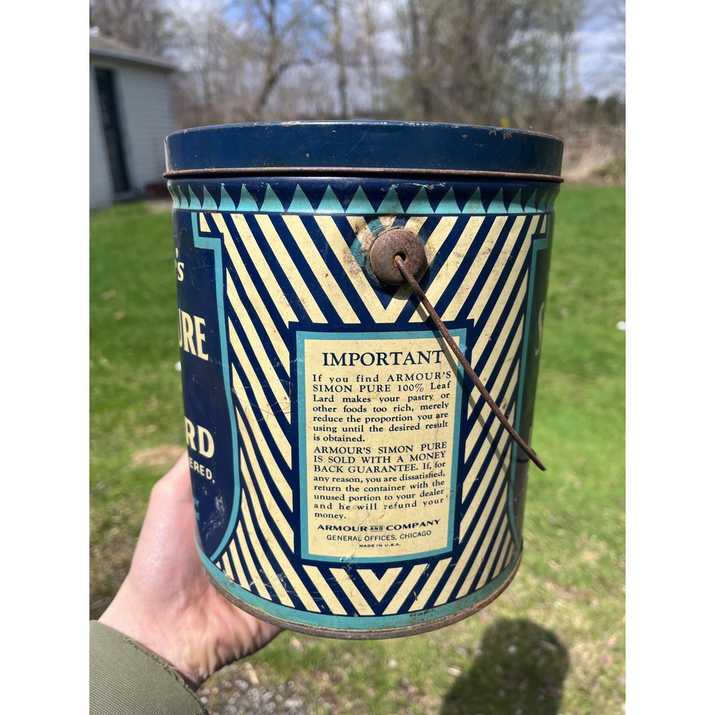 Vintage Armour's Simon Pure Open Kettle Leaf Lard 8lb Advertising Pail Tin Can