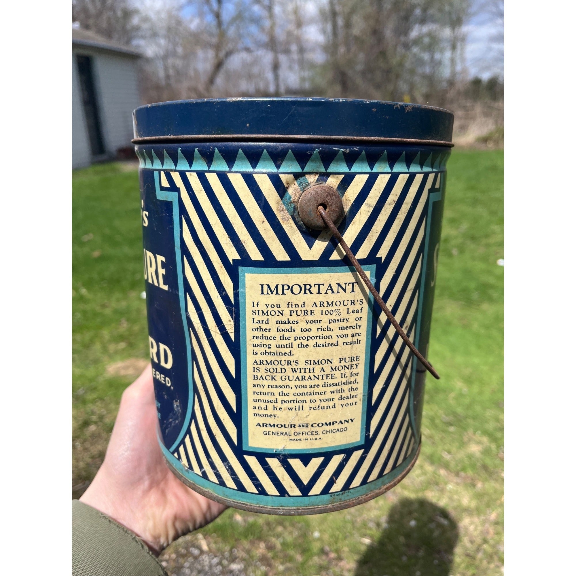 Vintage Armour's Simon Pure Open Kettle Leaf Lard 8lb Advertising Pail Tin Can