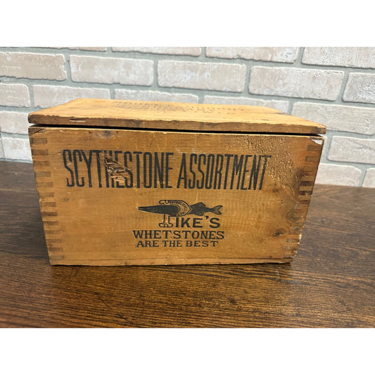 Vintage Pike's Whetstone Dovetail Wood Box Crate Ad Scythestone Assortment