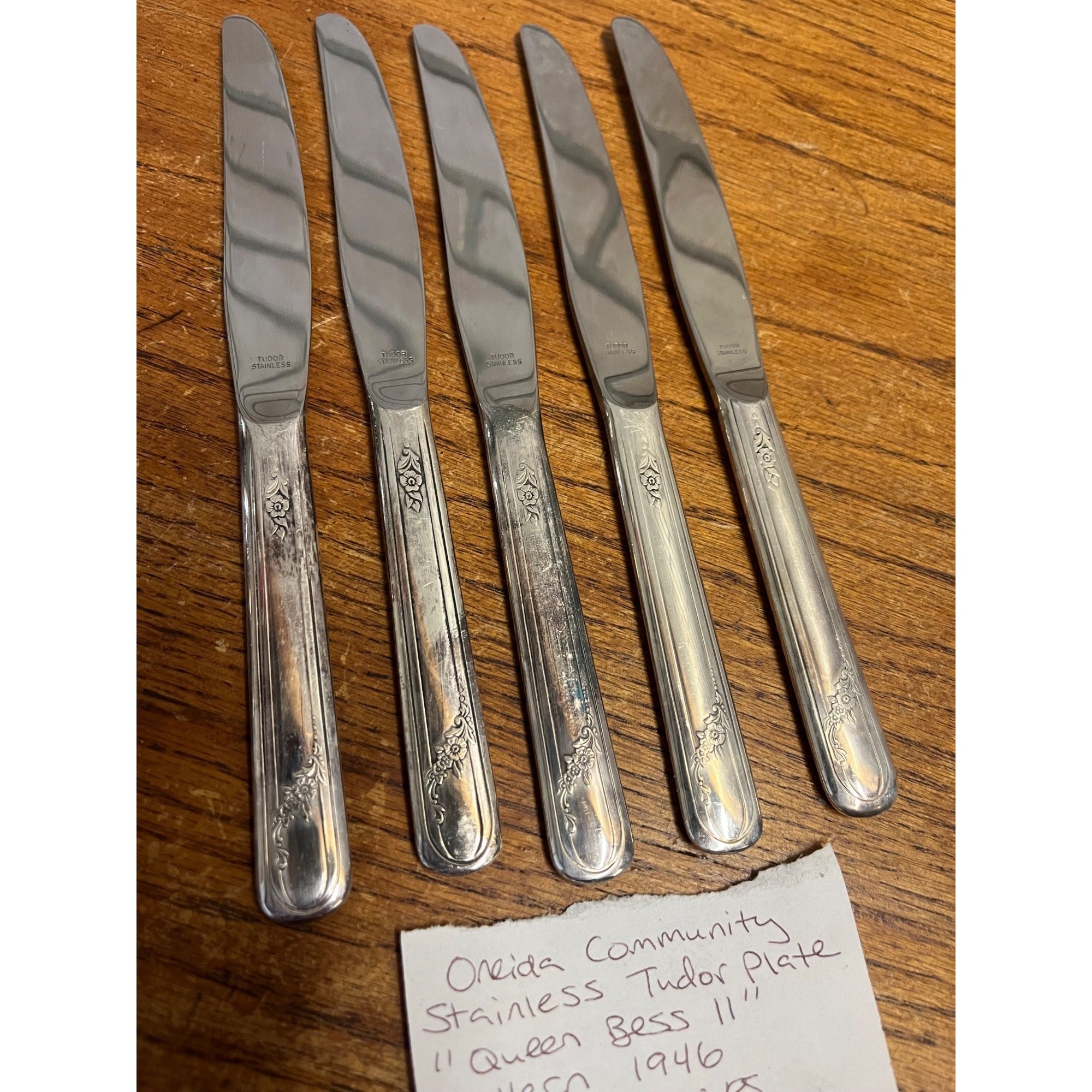 Vintage Oneida Community Stainless Tudor Plate "Queen Bess" Pattern Set of Five (5) Butter Knives
