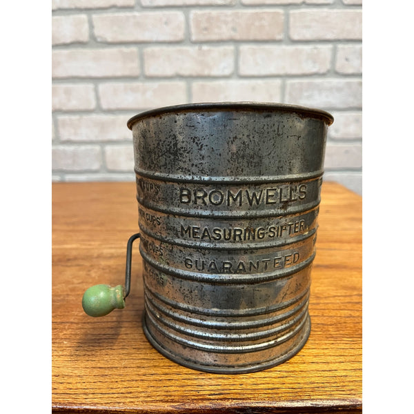 Vintage Tin Bromwell's Measuring Sifter Green Wooden Handle Primitive Kitchen or Farmhouse Decor