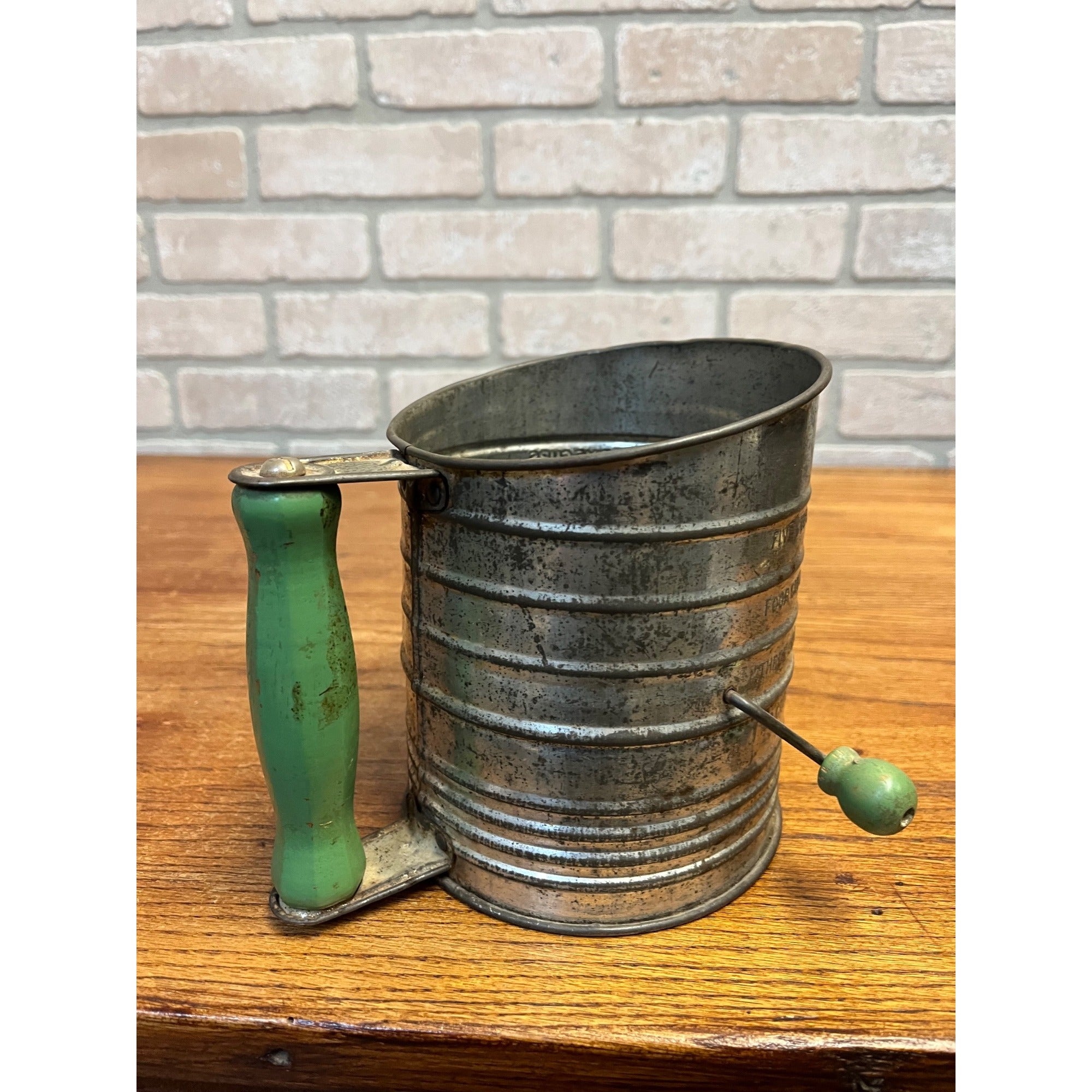 Vintage Tin Bromwell's Measuring Sifter Green Wooden Handle Primitive Kitchen or Farmhouse Decor