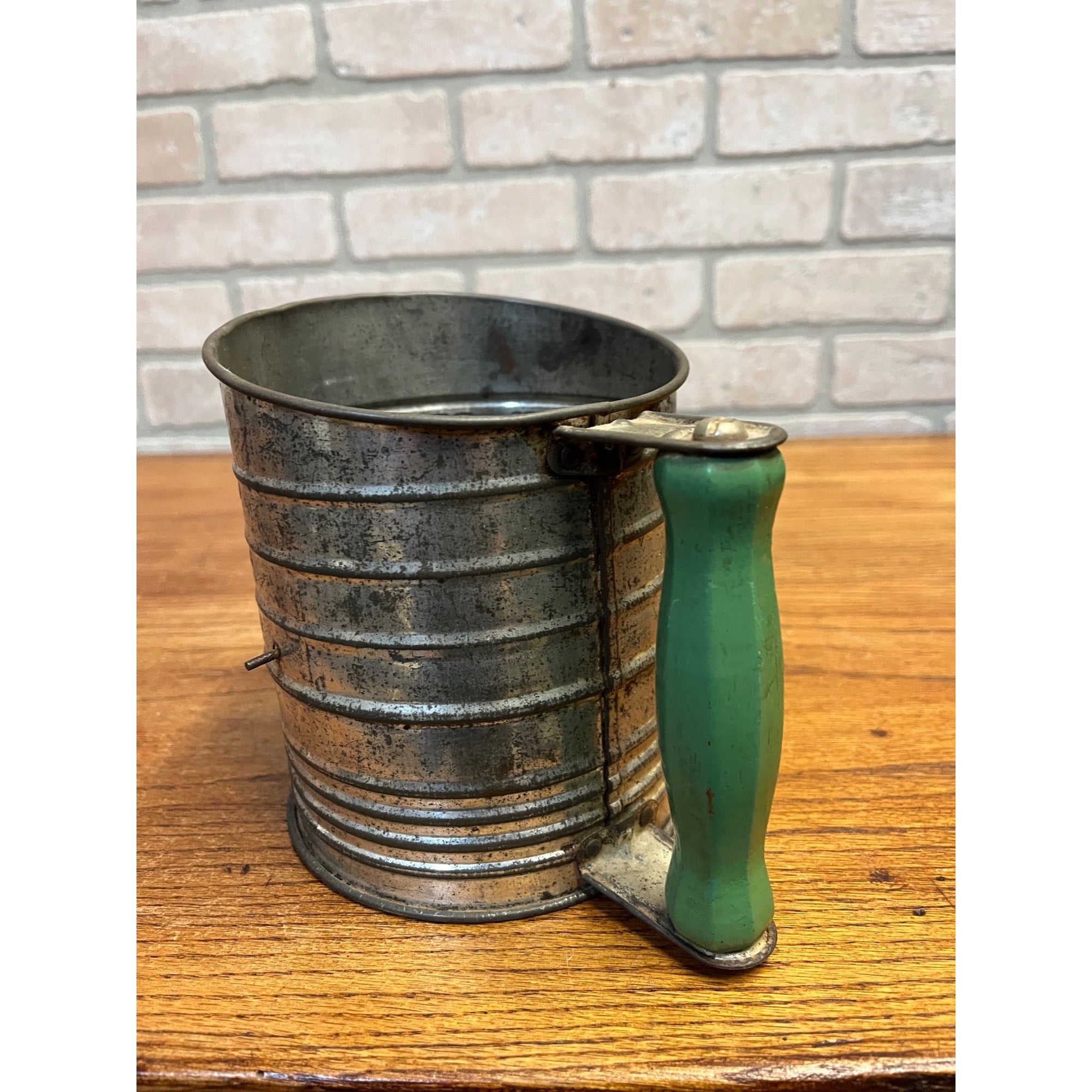 Vintage Tin Bromwell's Measuring Sifter Green Wooden Handle Primitive Kitchen or Farmhouse Decor