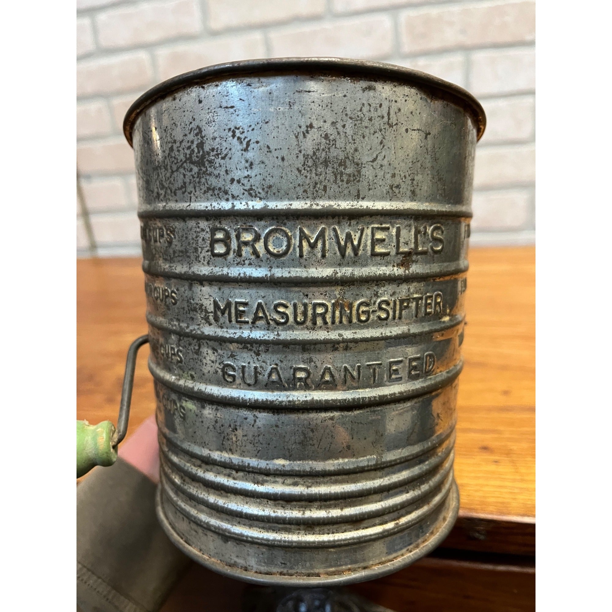 Vintage Tin Bromwell's Measuring Sifter Green Wooden Handle Primitive Kitchen or Farmhouse Decor