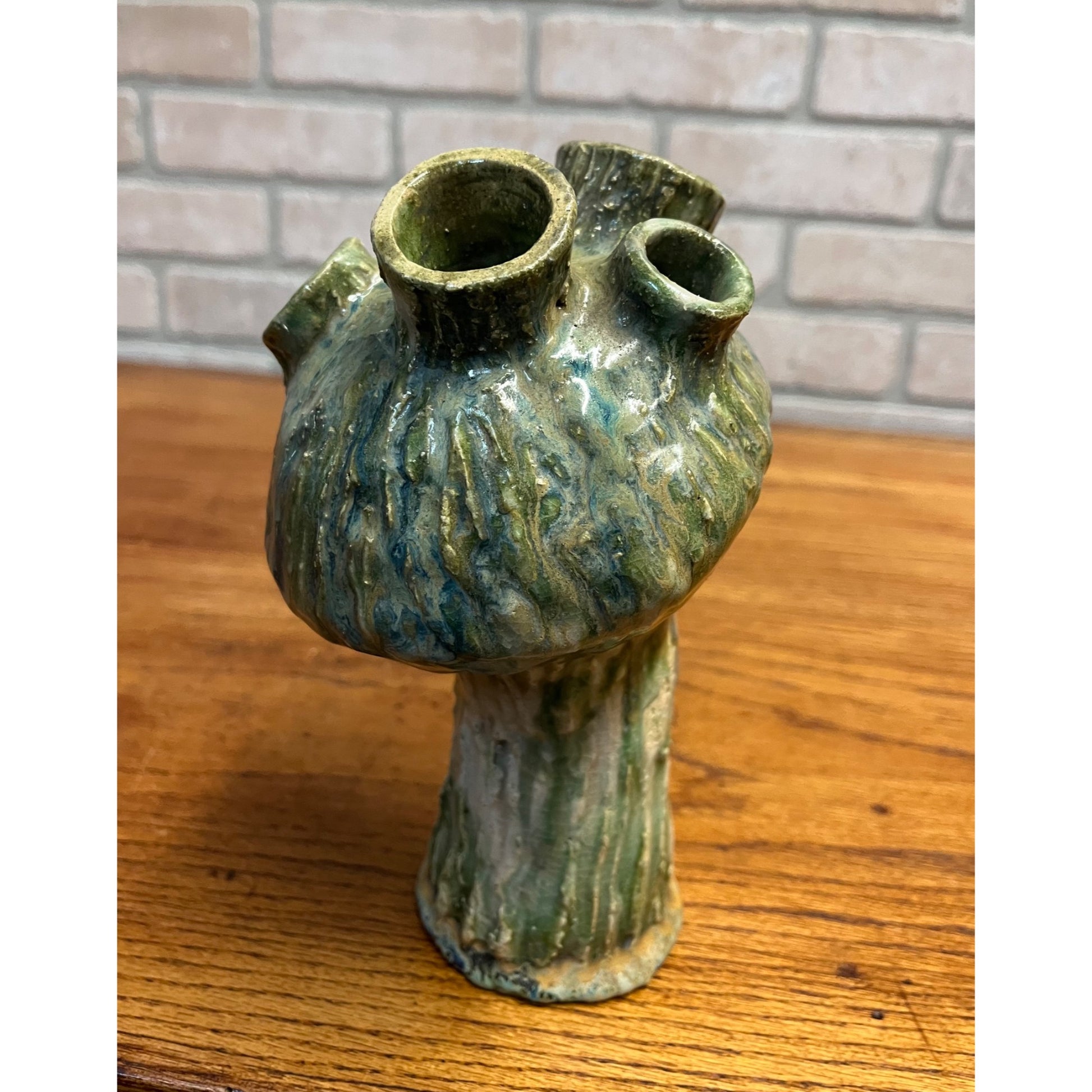 Vintage MCM Mushroom Pottery Art Vase Flower Frog Green Brushed Cottagecore