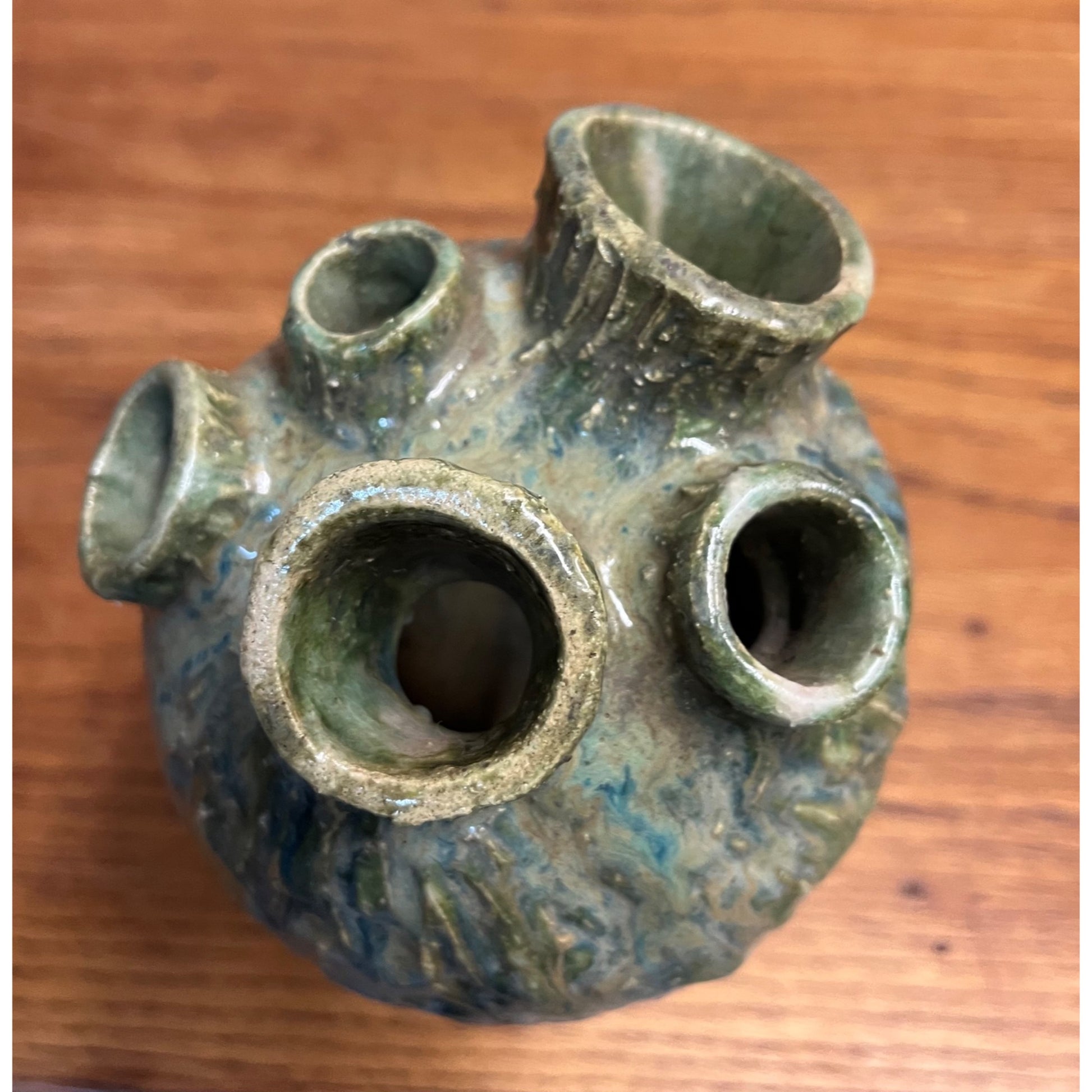 Vintage MCM Mushroom Pottery Art Vase Flower Frog Green Brushed Cottagecore