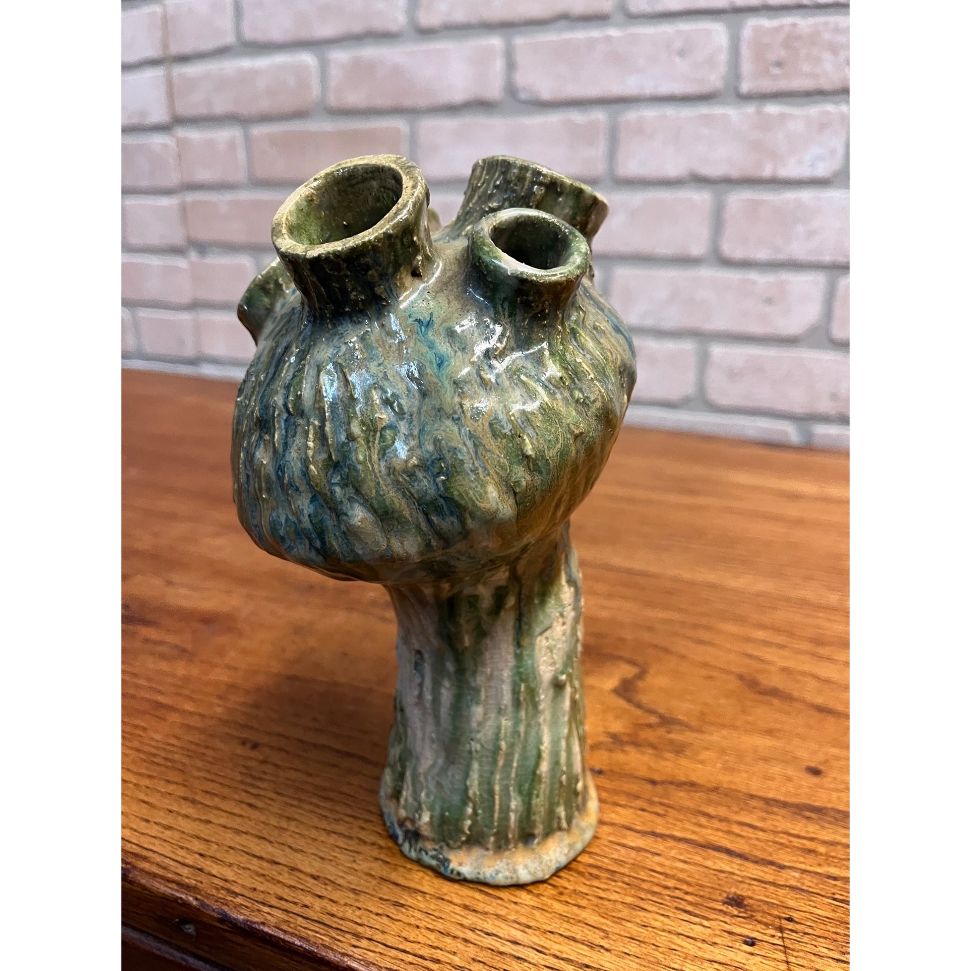 Vintage MCM Mushroom Pottery Art Vase Flower Frog Green Brushed Cottagecore