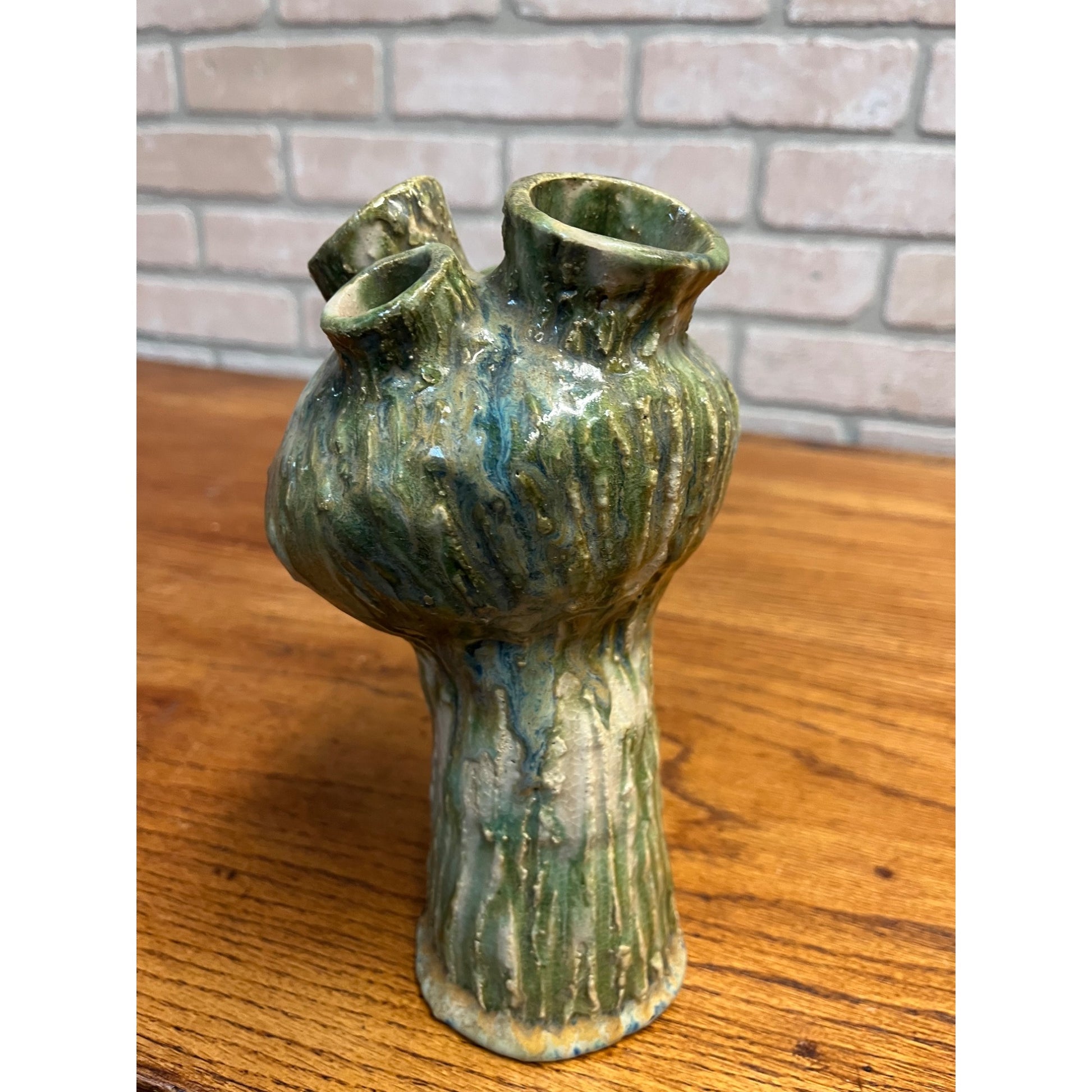 Vintage MCM Mushroom Pottery Art Vase Flower Frog Green Brushed Cottagecore