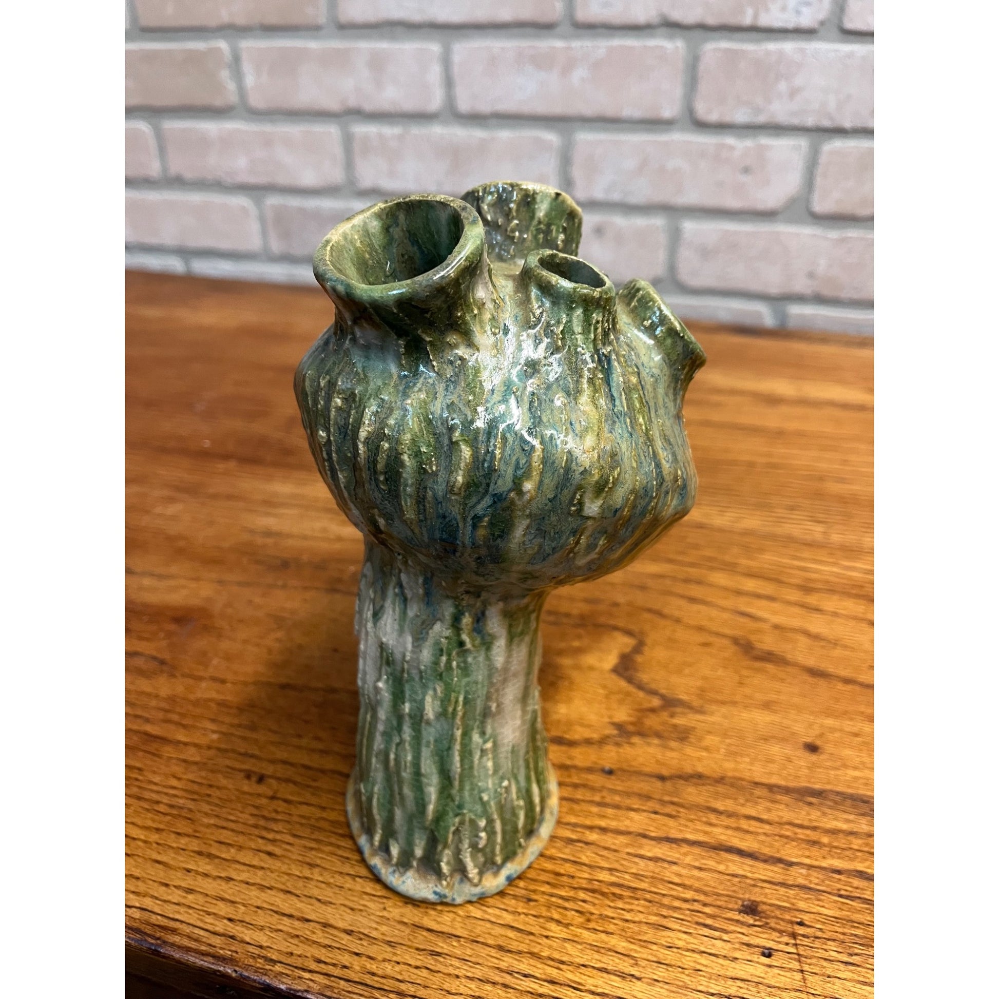 Vintage MCM Mushroom Pottery Art Vase Flower Frog Green Brushed Cottagecore