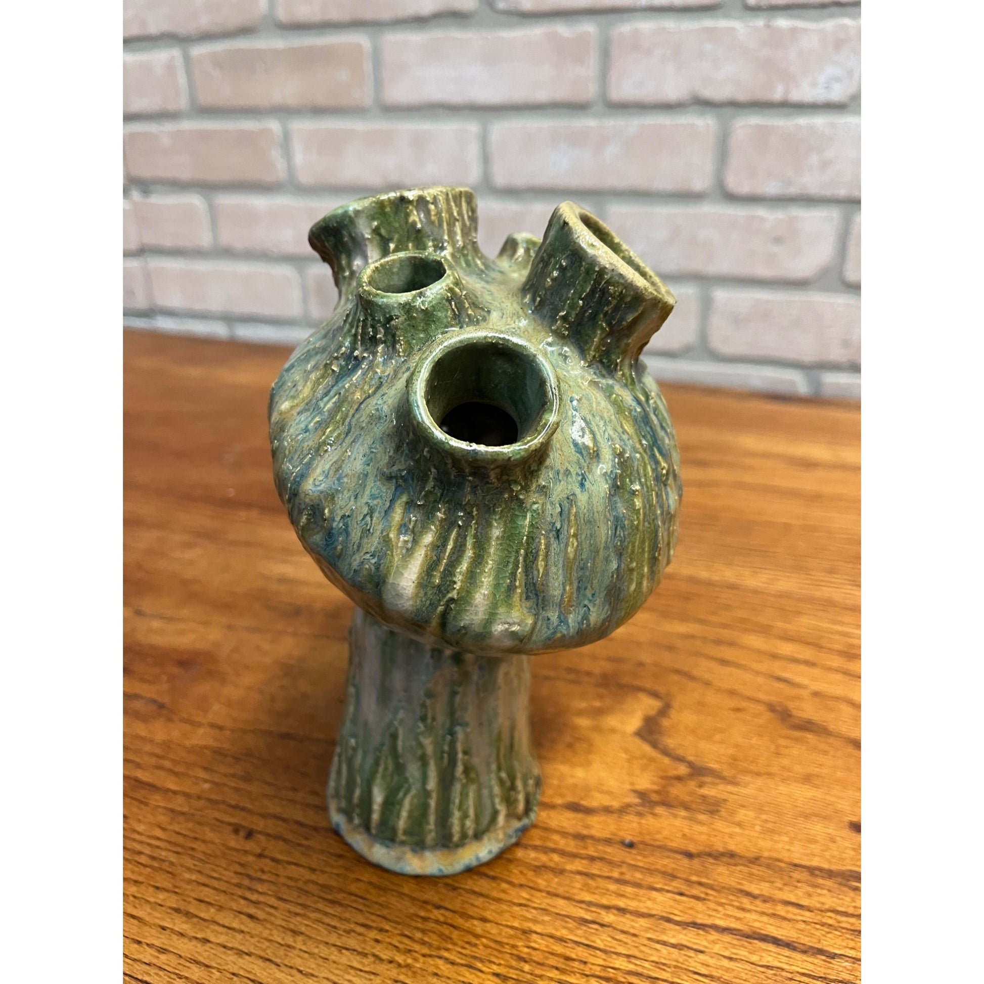 Vintage MCM Mushroom Pottery Art Vase Flower Frog Green Brushed Cottagecore