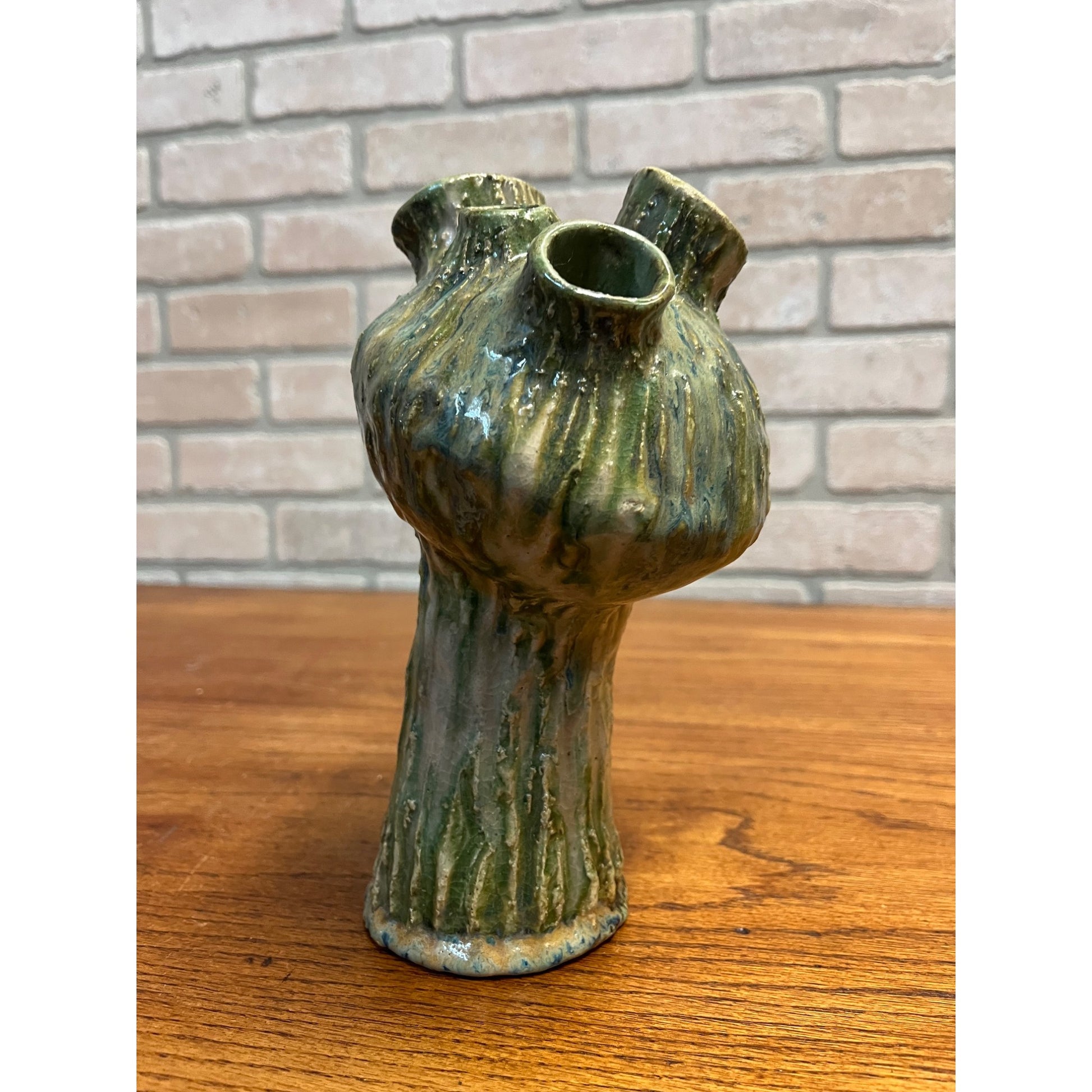 Vintage MCM Mushroom Pottery Art Vase Flower Frog Green Brushed Cottagecore
