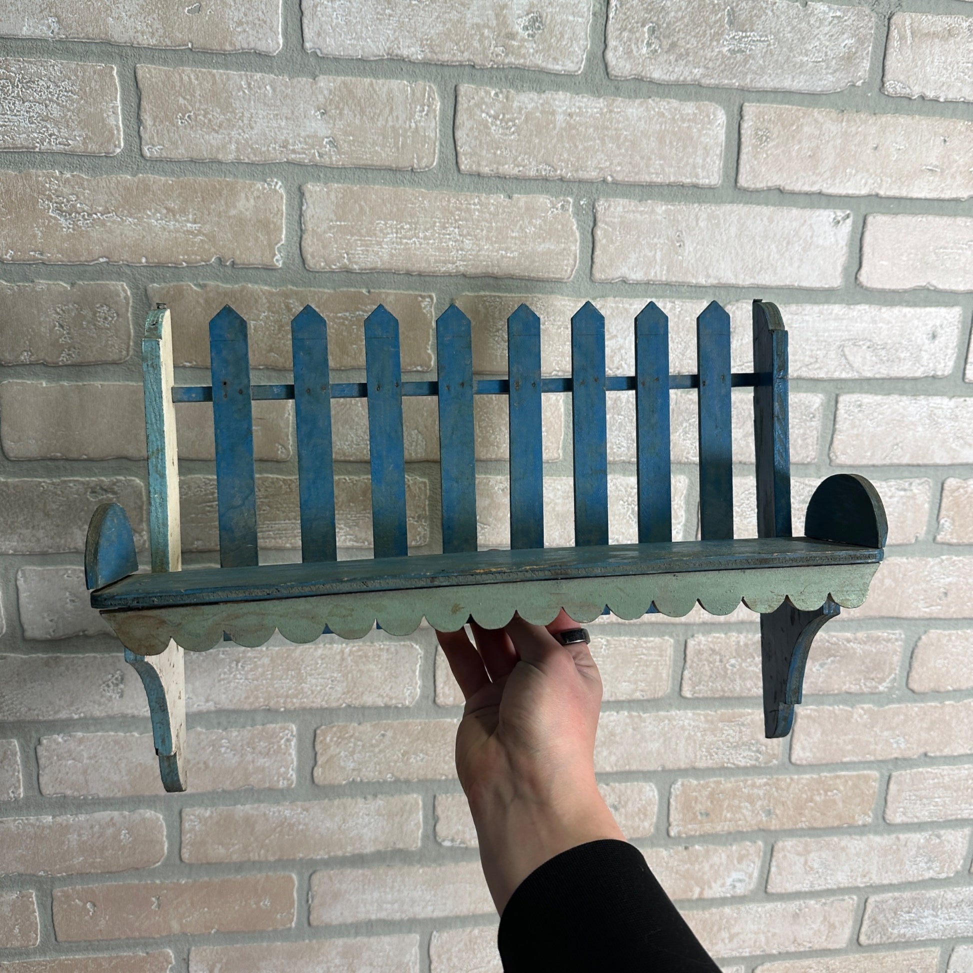 Vintage Blue Wooden Picket Fence Shelf Shabby Chic