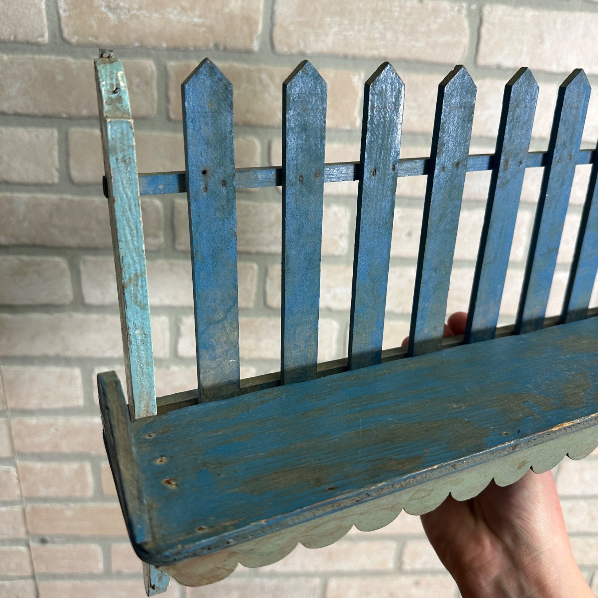Vintage Blue Wooden Picket Fence Shelf Shabby Chic