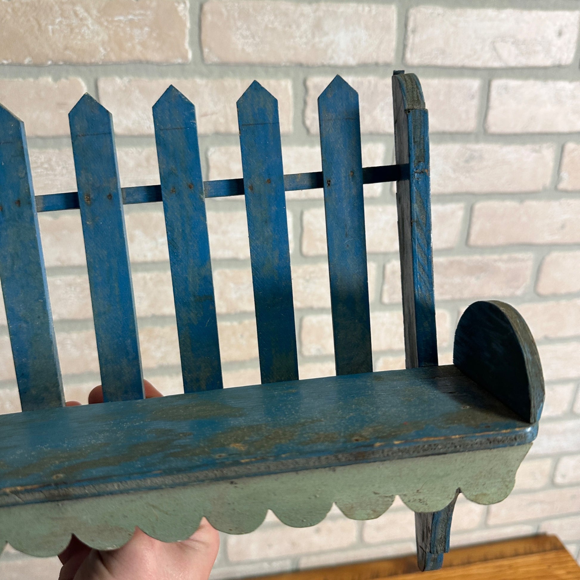 Vintage Blue Wooden Picket Fence Shelf Shabby Chic