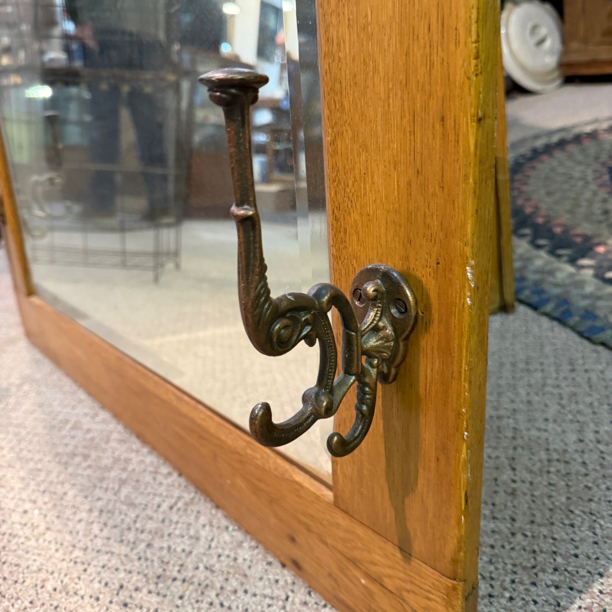 Antique Hanging Oak Mirror Coat Rack Hall Tree Entry Way