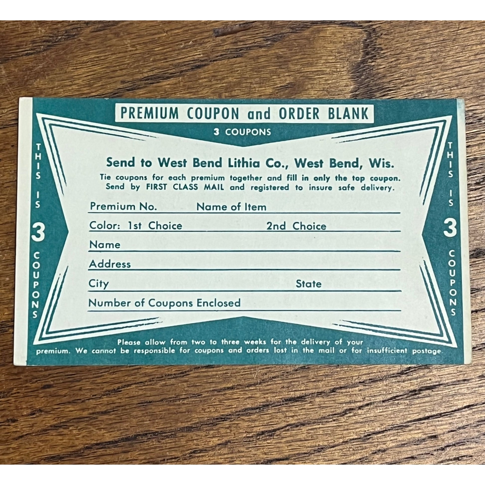 Vintage 1940s West Bend Lithia Beer Coupon Card Advertising Promo Wis - Green