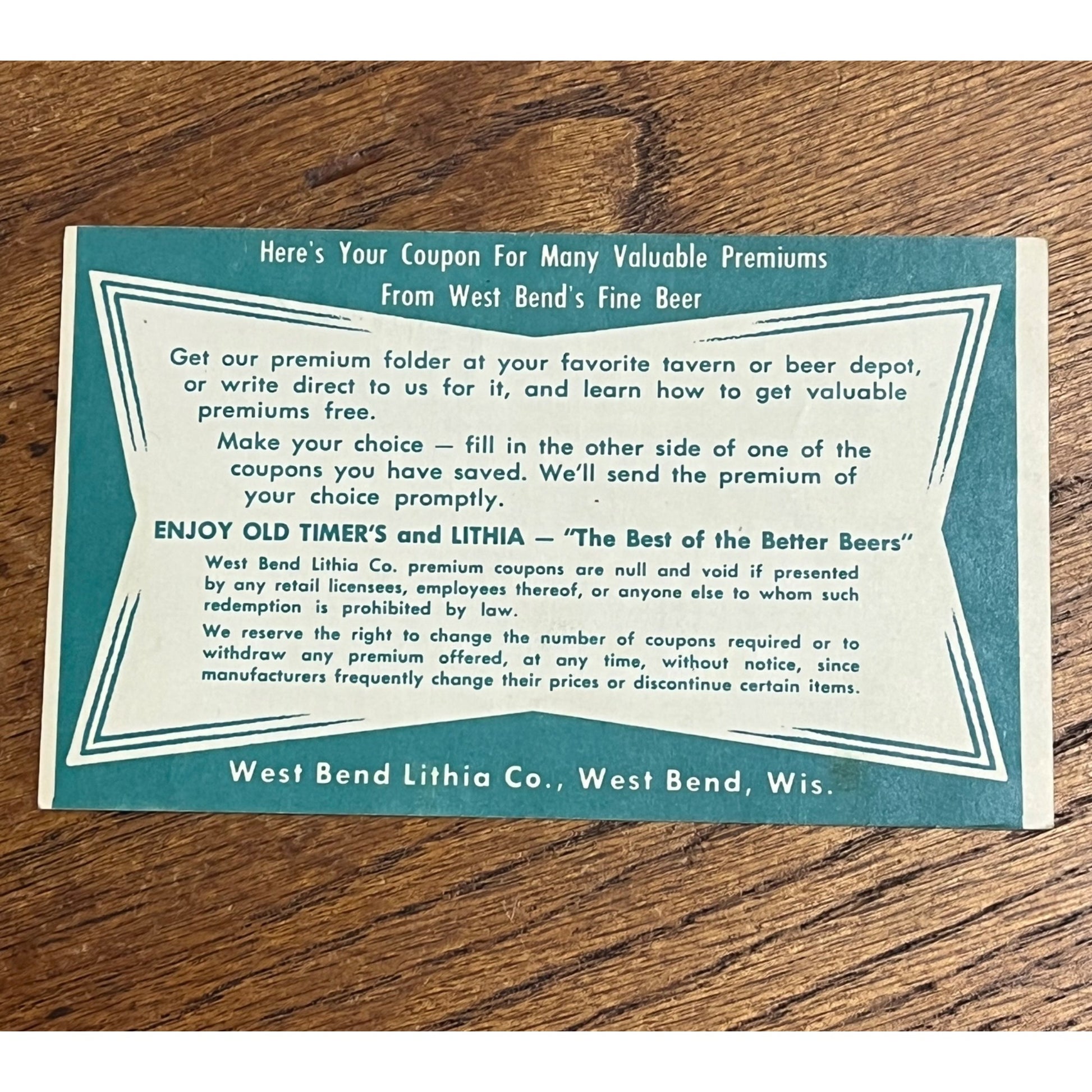 Vintage 1940s West Bend Lithia Beer Coupon Card Advertising Promo Wis - Green