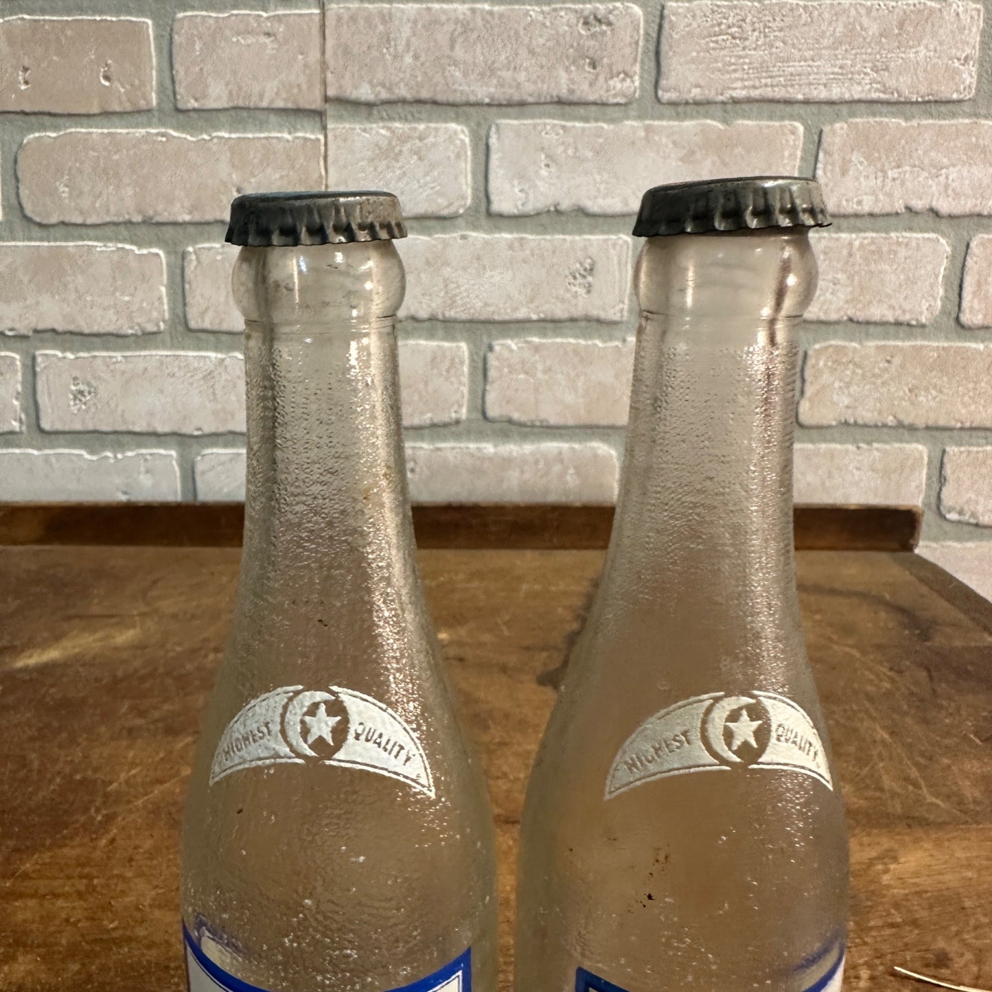 (2) 7oz Star & Crescent Bottles Waupun Wis w/ Caps Soda Pop ACL Wisconsin