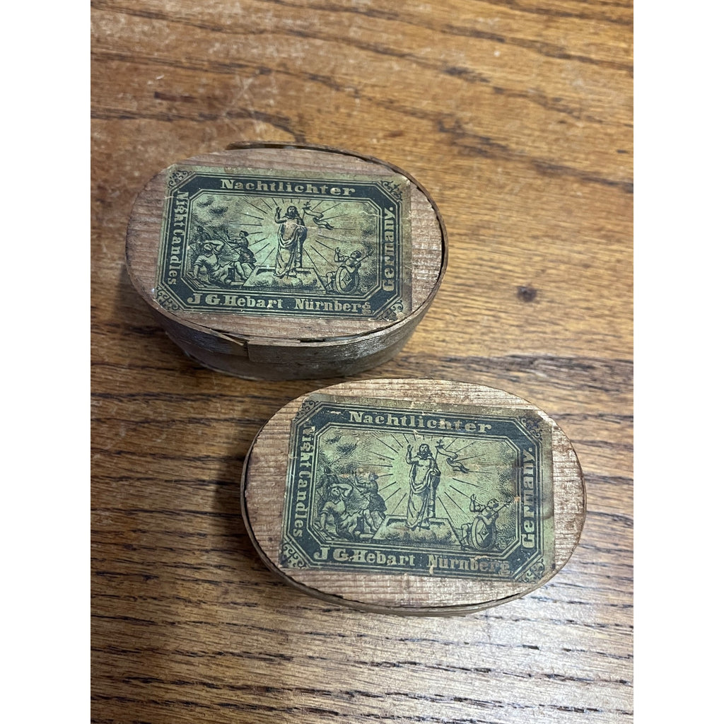 Pair Antique German Treen Match Safe Boxes J Giebart Nurnberg Advertising