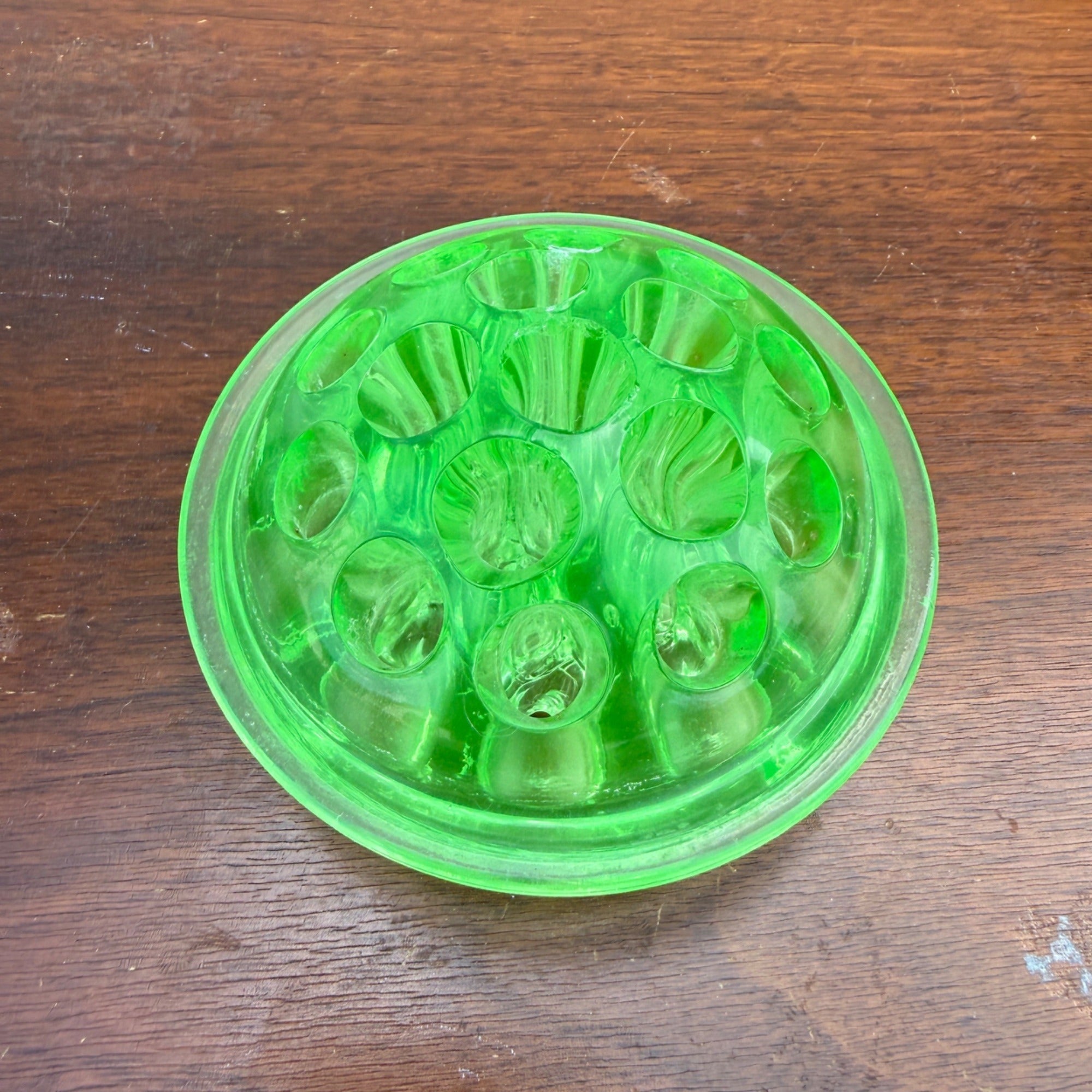 Vintage Green Uranium Glass 4" Heavy Flower Frog - 17 Holes