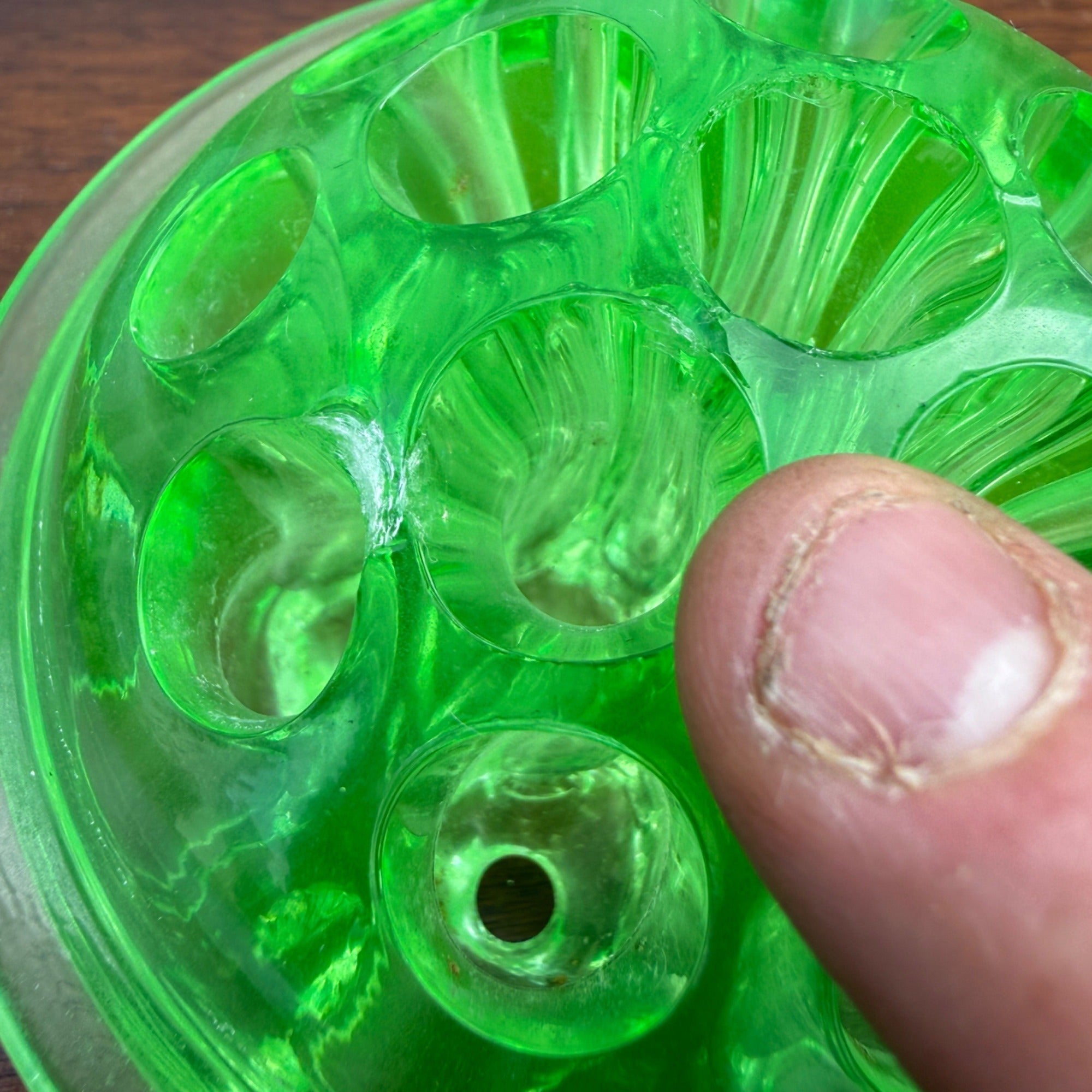 Vintage Green Uranium Glass 4" Heavy Flower Frog - 17 Holes