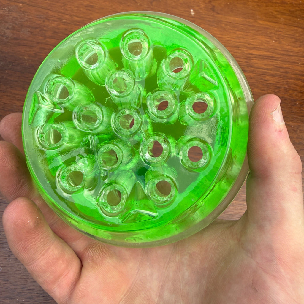 Vintage Green Uranium Glass 4" Heavy Flower Frog - 17 Holes