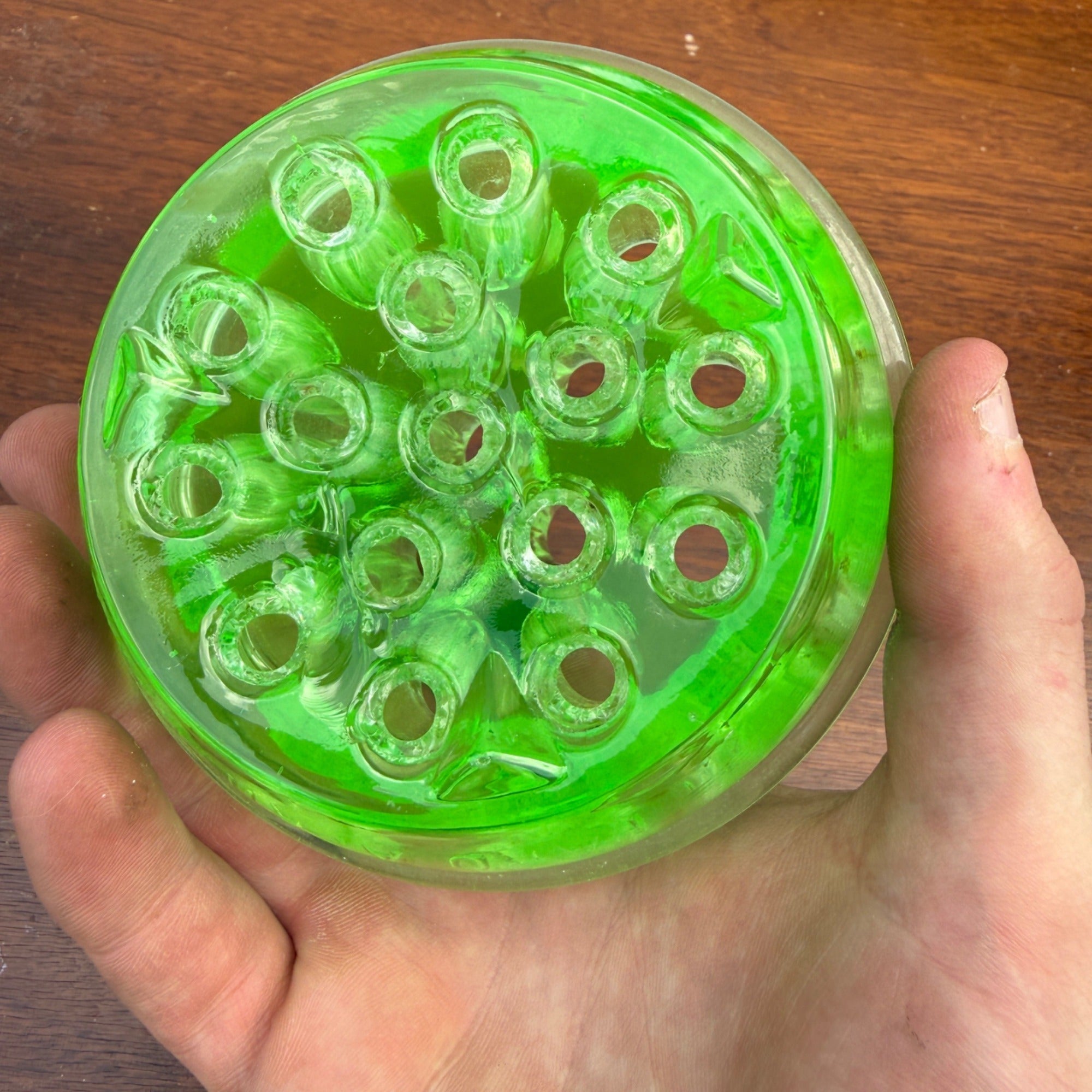 Vintage Green Uranium Glass 4" Heavy Flower Frog - 17 Holes