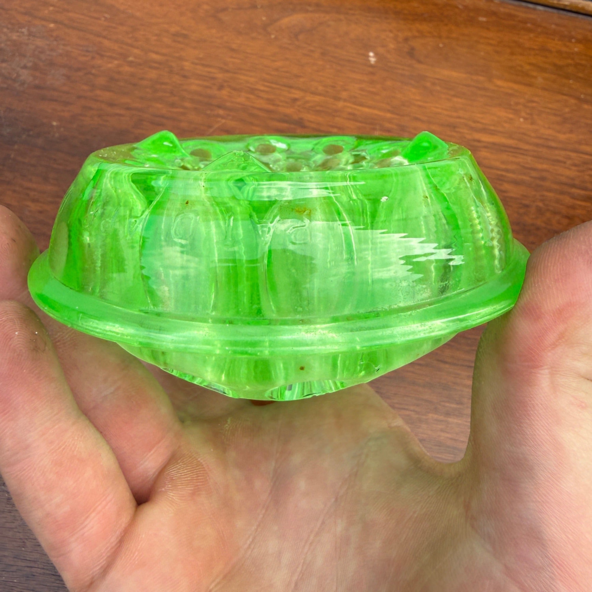 Vintage Green Uranium Glass 4" Heavy Flower Frog - 17 Holes