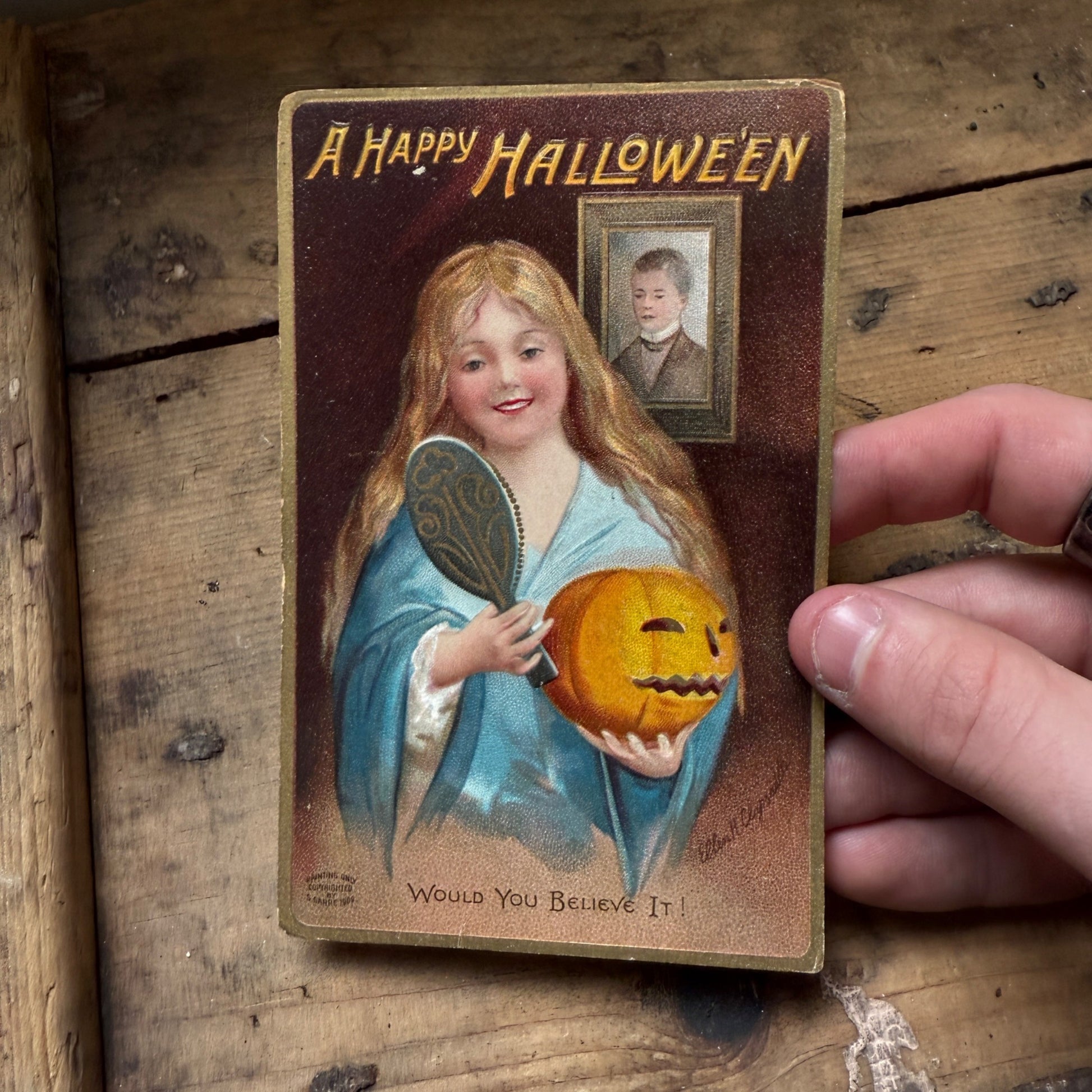 Happy Halloween Girl W/ Mirror JOL Pumpkin Postcard Victorian German