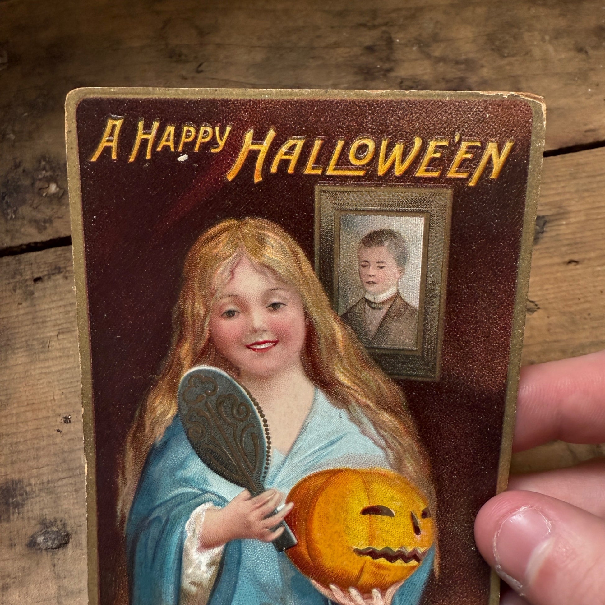 Happy Halloween Girl W/ Mirror JOL Pumpkin Postcard Victorian German