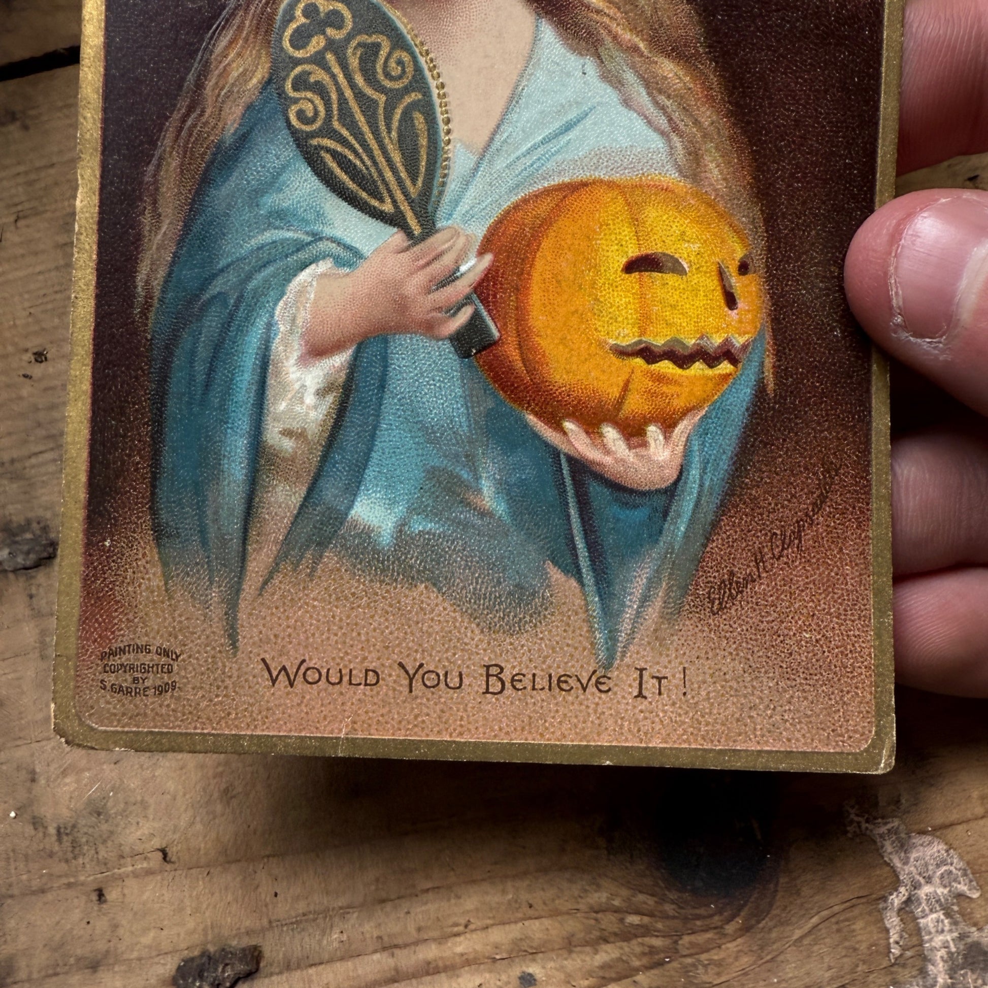 Happy Halloween Girl W/ Mirror JOL Pumpkin Postcard Victorian German
