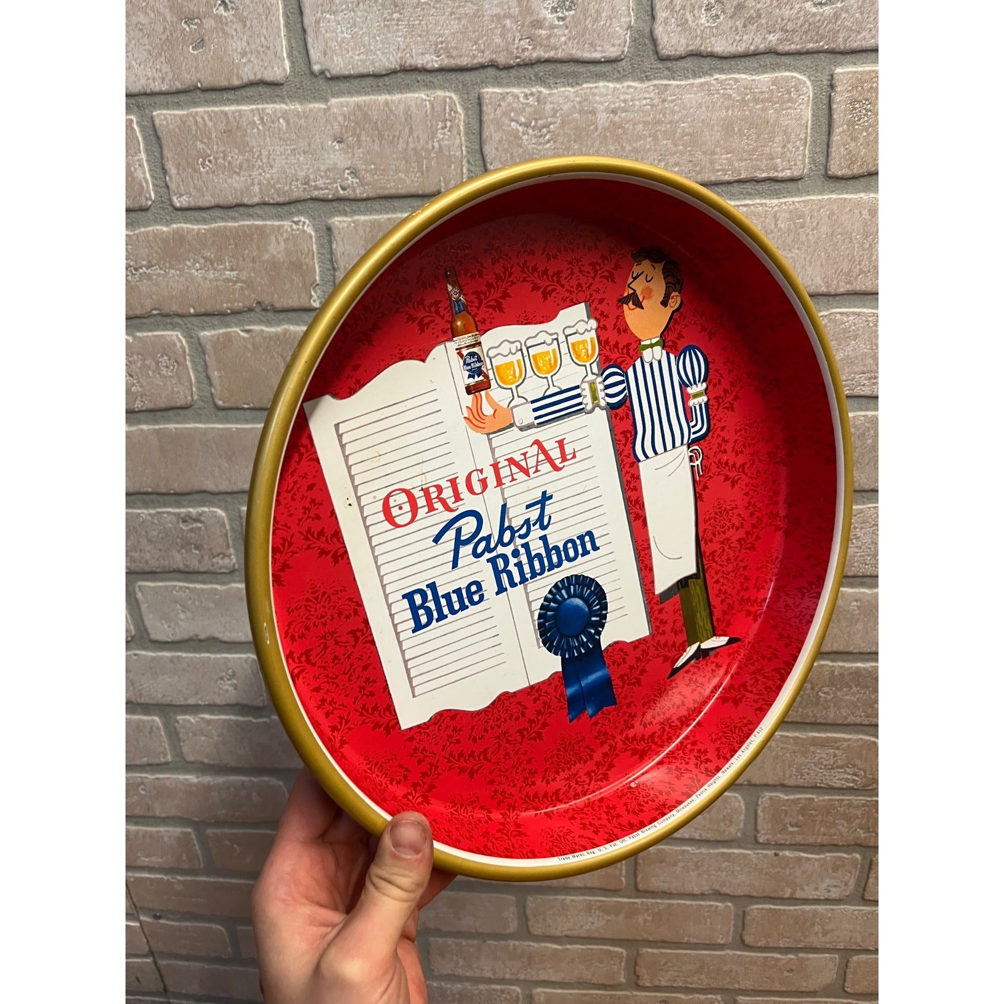 Original Pabst Blue Ribbon Beer Serving Tray Advertising Red Bartender