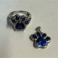 Sterling Silver Faceted Blue Spinel Dog Cat Pet Paw Ring & Necklace Pendant 6.75 Size
