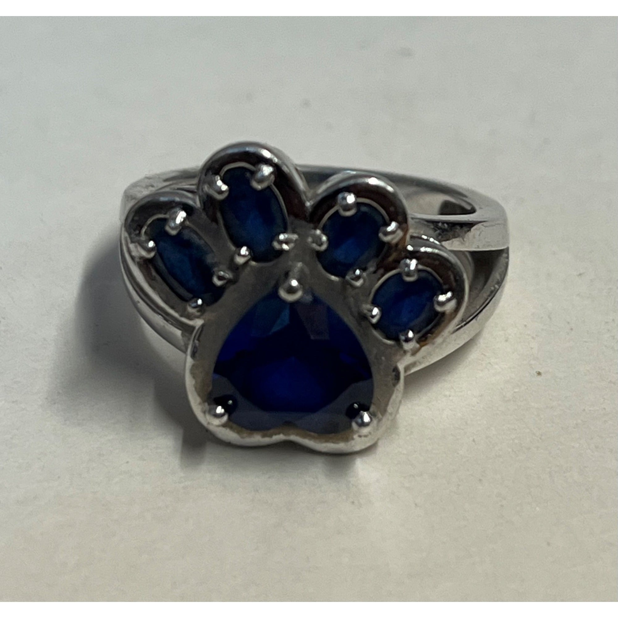 Sterling Silver Faceted Blue Spinel Dog Cat Pet Paw Ring & Necklace Pendant 6.75 Size