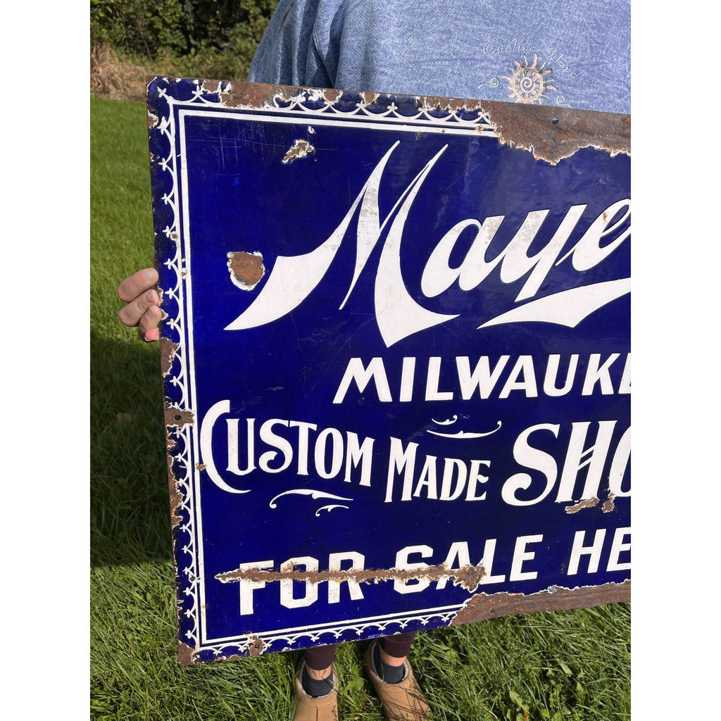 Antique Vintage 1900s Mayer's Shoes Milwaukee Wis WI Porcelain Advertising Sign