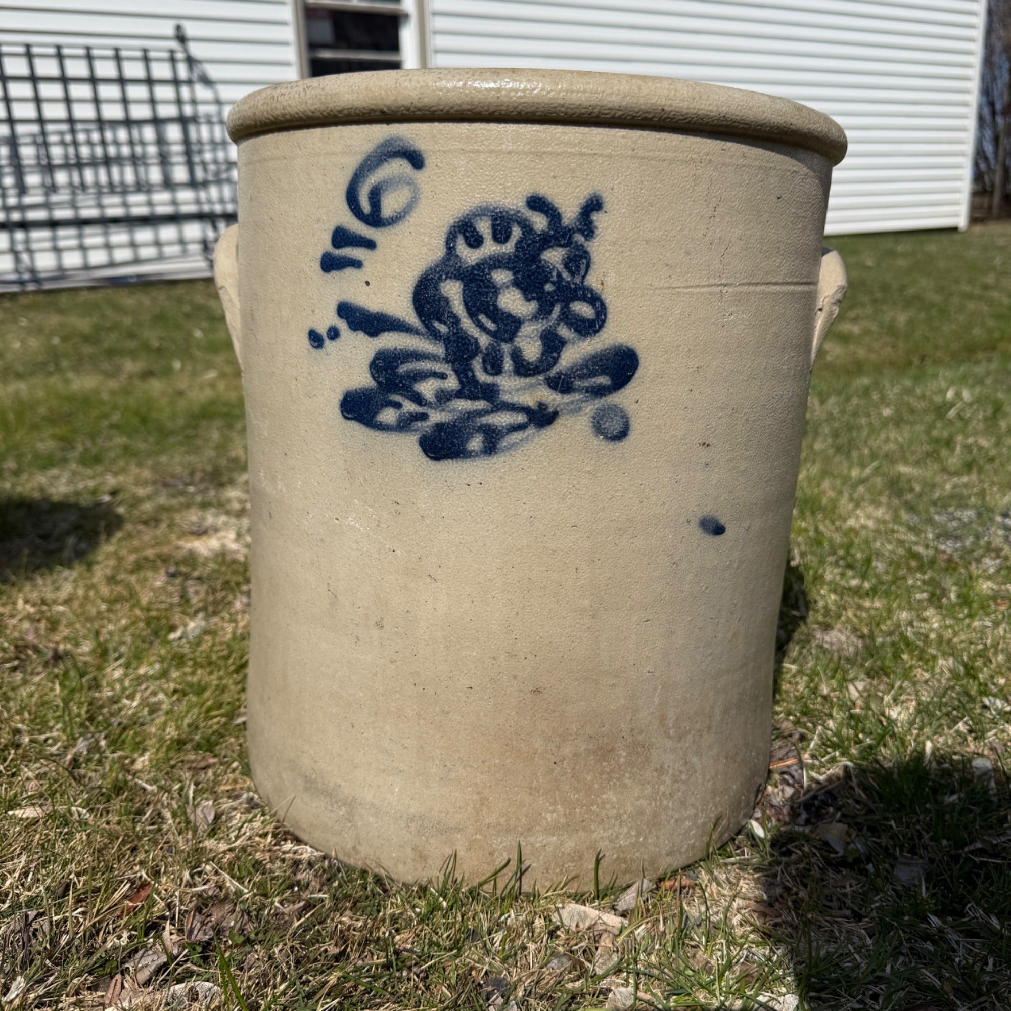 1800s Antique 6 Gallon Salt Glaze Stoneware Crock Cobalt Decorated Flower Akron Ohio