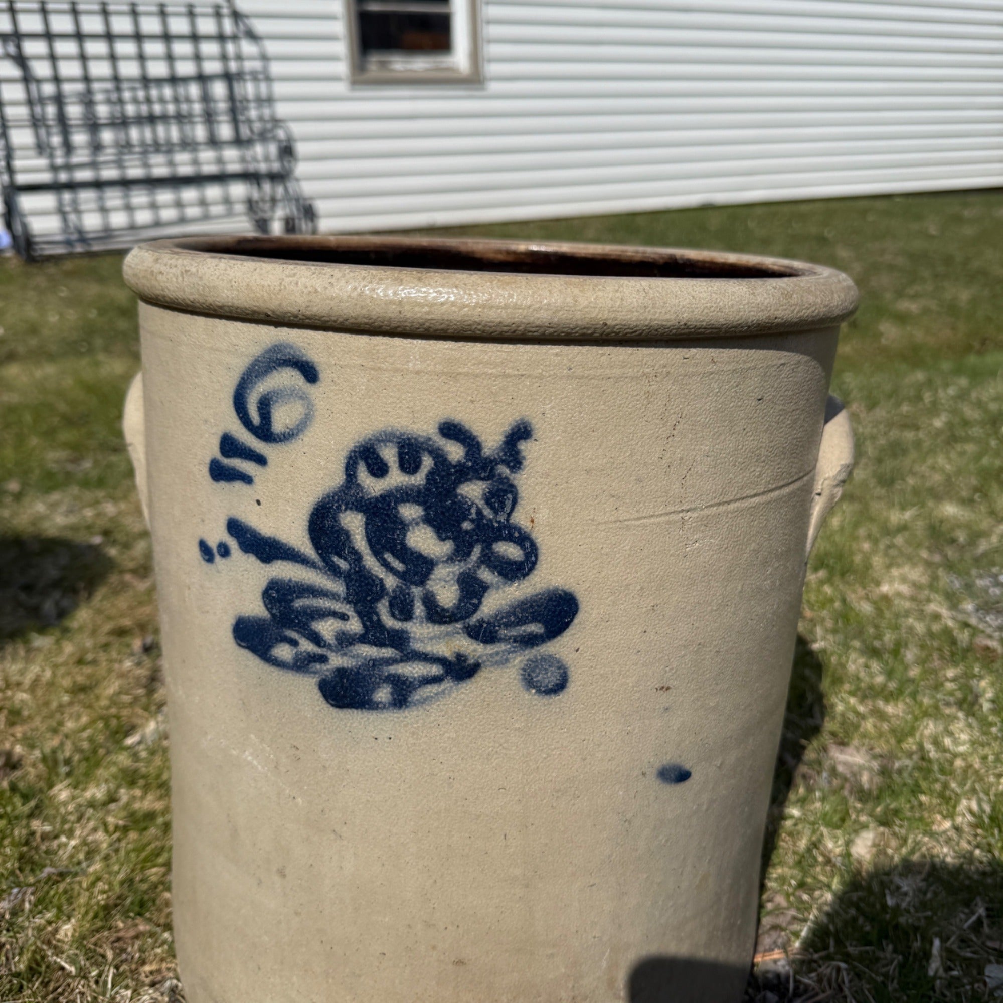 1800s Antique 6 Gallon Salt Glaze Stoneware Crock Cobalt Decorated Flower Akron Ohio