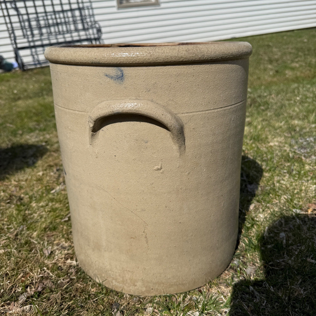 1800s Antique 6 Gallon Salt Glaze Stoneware Crock Cobalt Decorated Flower Akron Ohio